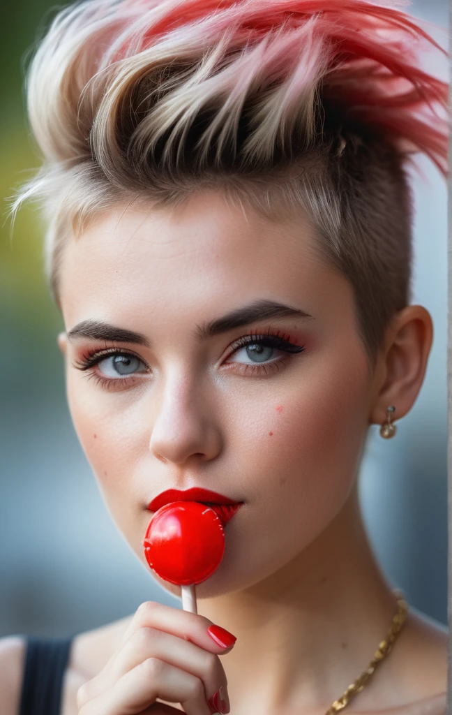 concept art 21 year old European supermodel,punk hair do,holding a small red lollipop in front of her chin,artsy,bokeh,f1.4,40mm,photorealistic,raw,8k,skin pores,fashion magazine cover shot,, Thorough,analog style,eye focus,highest quality,(highly detailed skin),perfect face,skin pores,(bokeh:0.6),sharp focus,dappled lighting,(backlighting:0.7),film grain,photographed on a Sony A7R IV,18mm F/1.7 cine lens,(highly detailed, intricately detailed),8k,HDR,front view,(upper body:0.9) . digital artwork, illustrative, painterly, matte painting, highly detailed