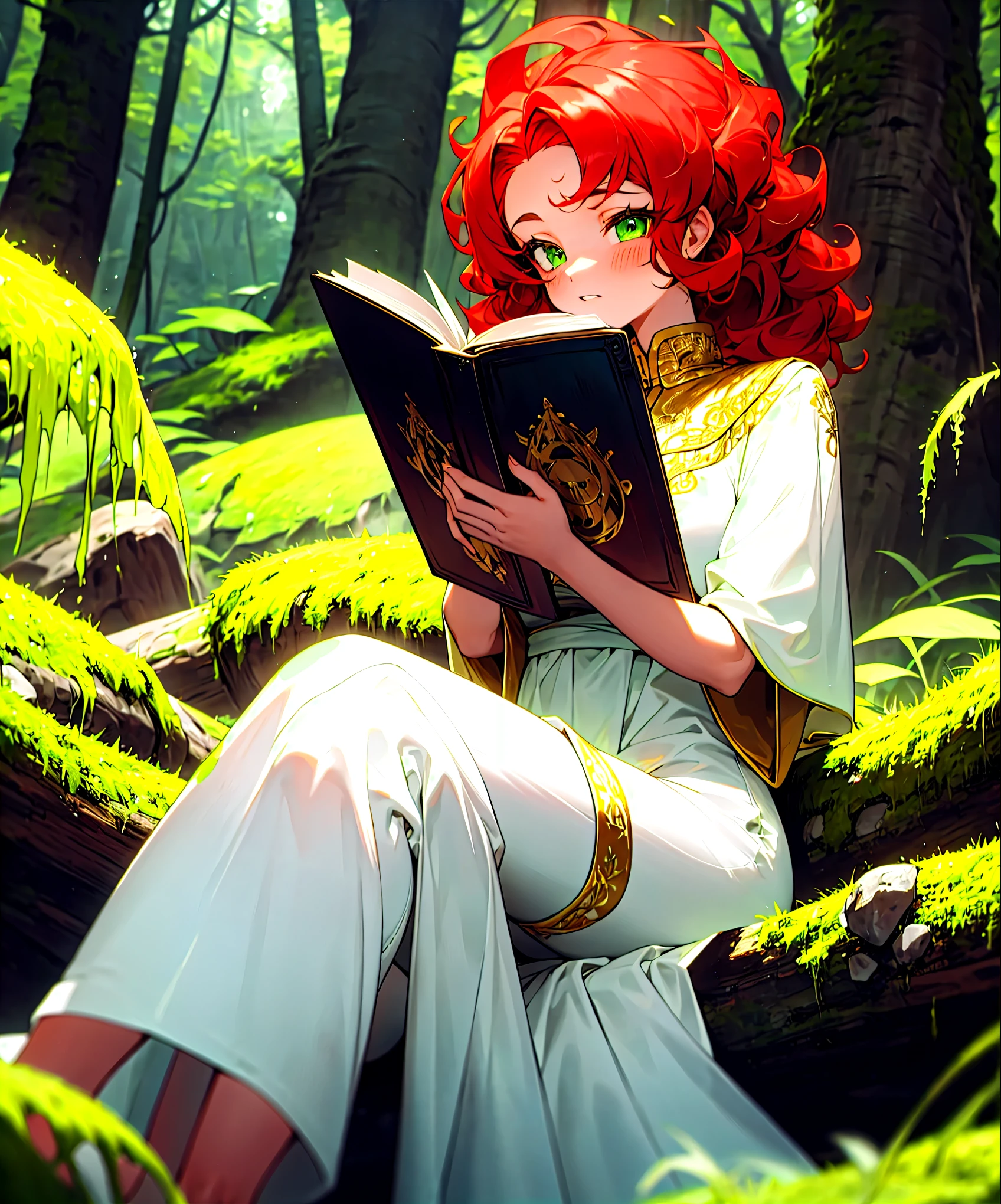 Curly red hair, green eyes, in a flowy white dress with golden embroidery, sitting on a moss-covered rock in a lush forest, holding a leather-bound book.