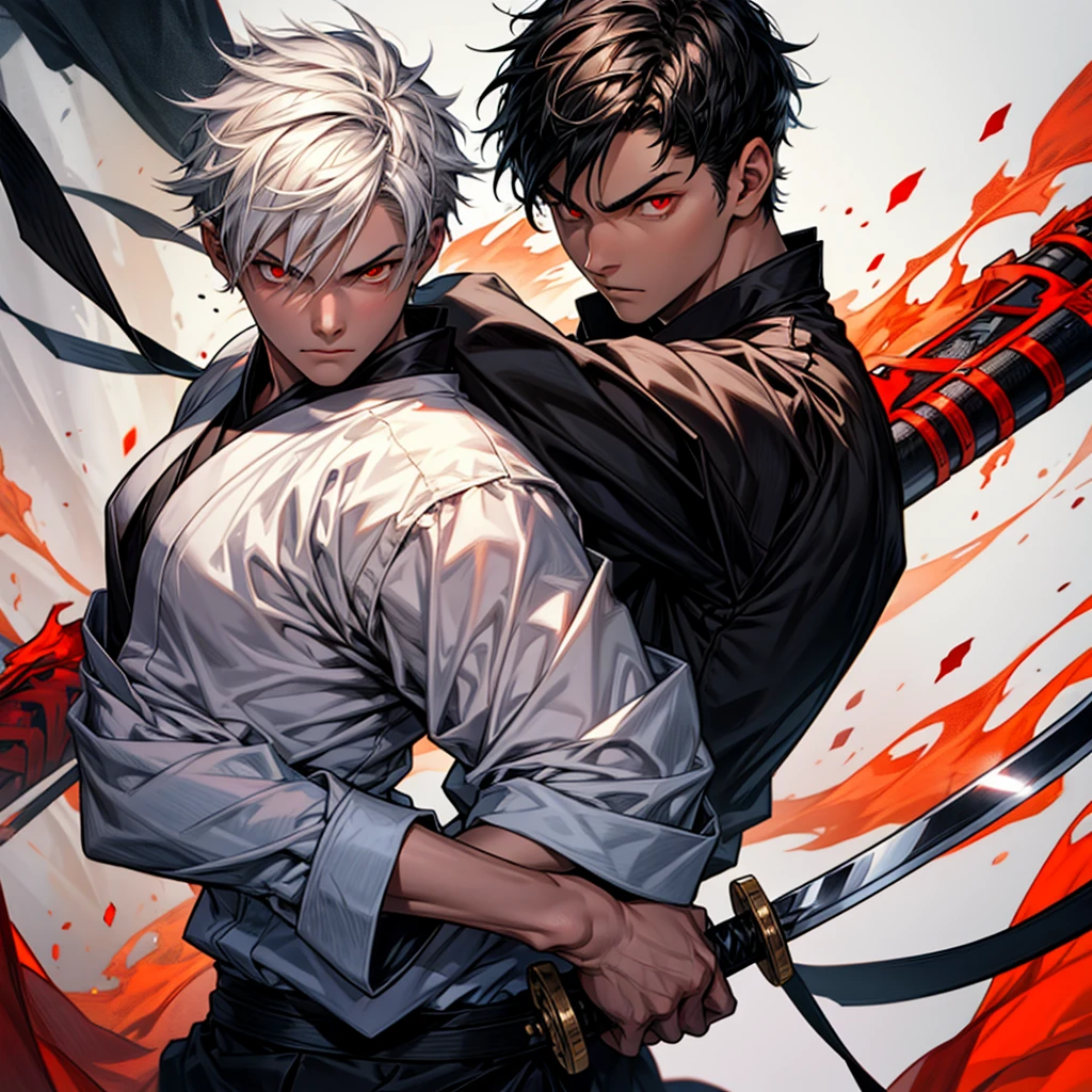 A boy with short black hair and red eyes holding a Japanese sword A scene with a boy with white hair and orange eyes holding a gun fighting