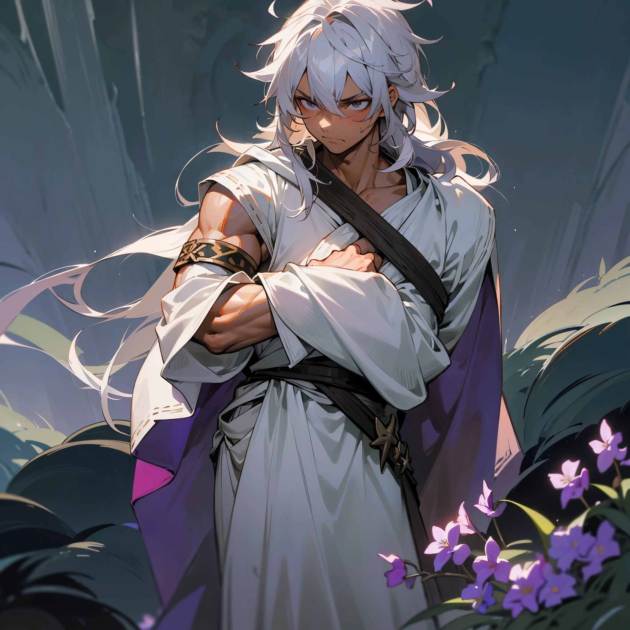 1male, muscular, tan skin, young teen, finely detailed lavander eyes, wild long hair, messy hair, seashell white color hair, adventurer gear, greek robes, night time, dark forest, somber expression, angry, flowers, standing on path, lanturns, black armband, cut over eyebrow