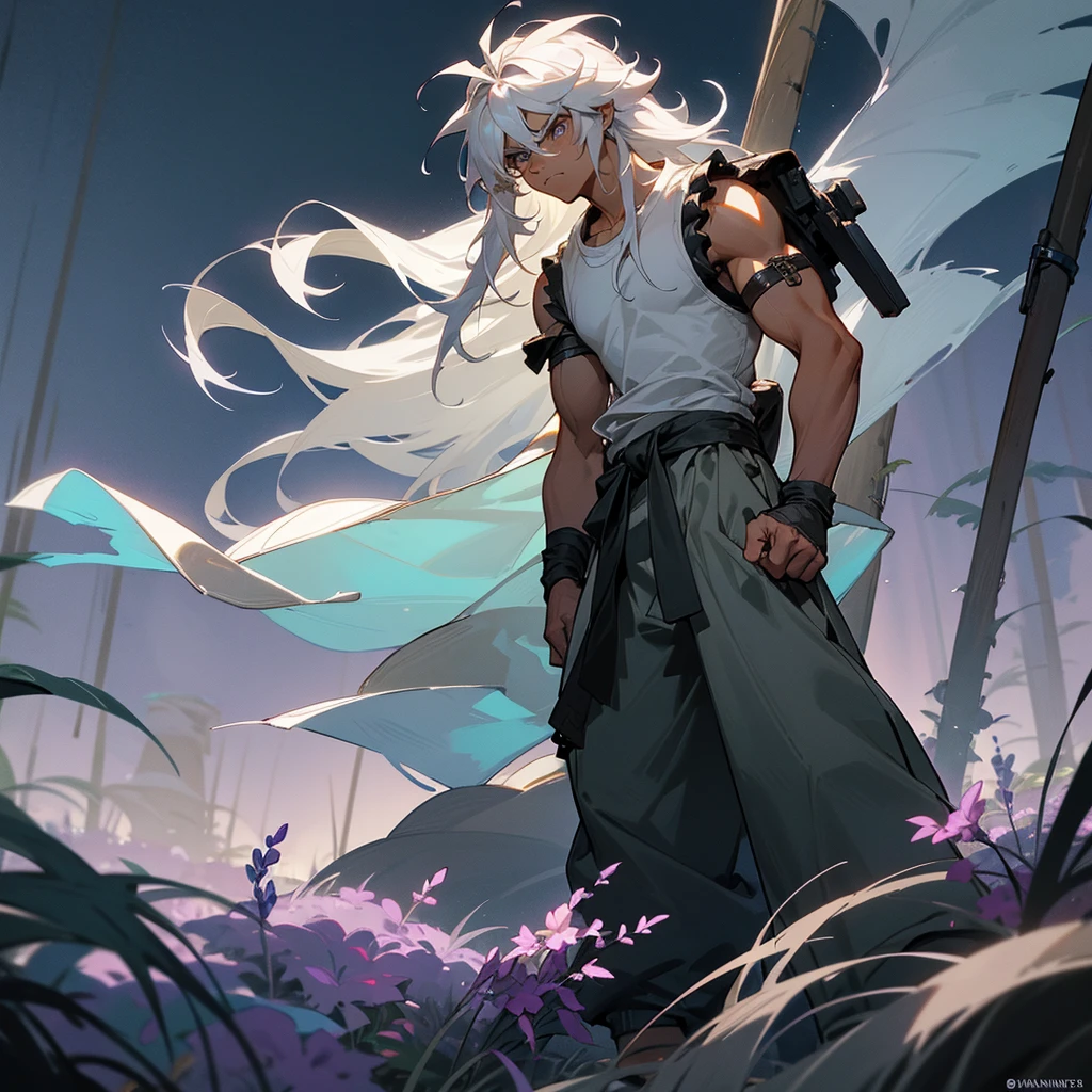 1male, muscular, tan skin, young teen, finely detailed lavander eyes, wild long hair, messy hair, seashell white color hair, adventurer gear, sleeveless shirt, baggy combat pants, night time, dark forest, somber expression, angry, flowers, standing on path, lanturns, black armband, cut over eyebrow