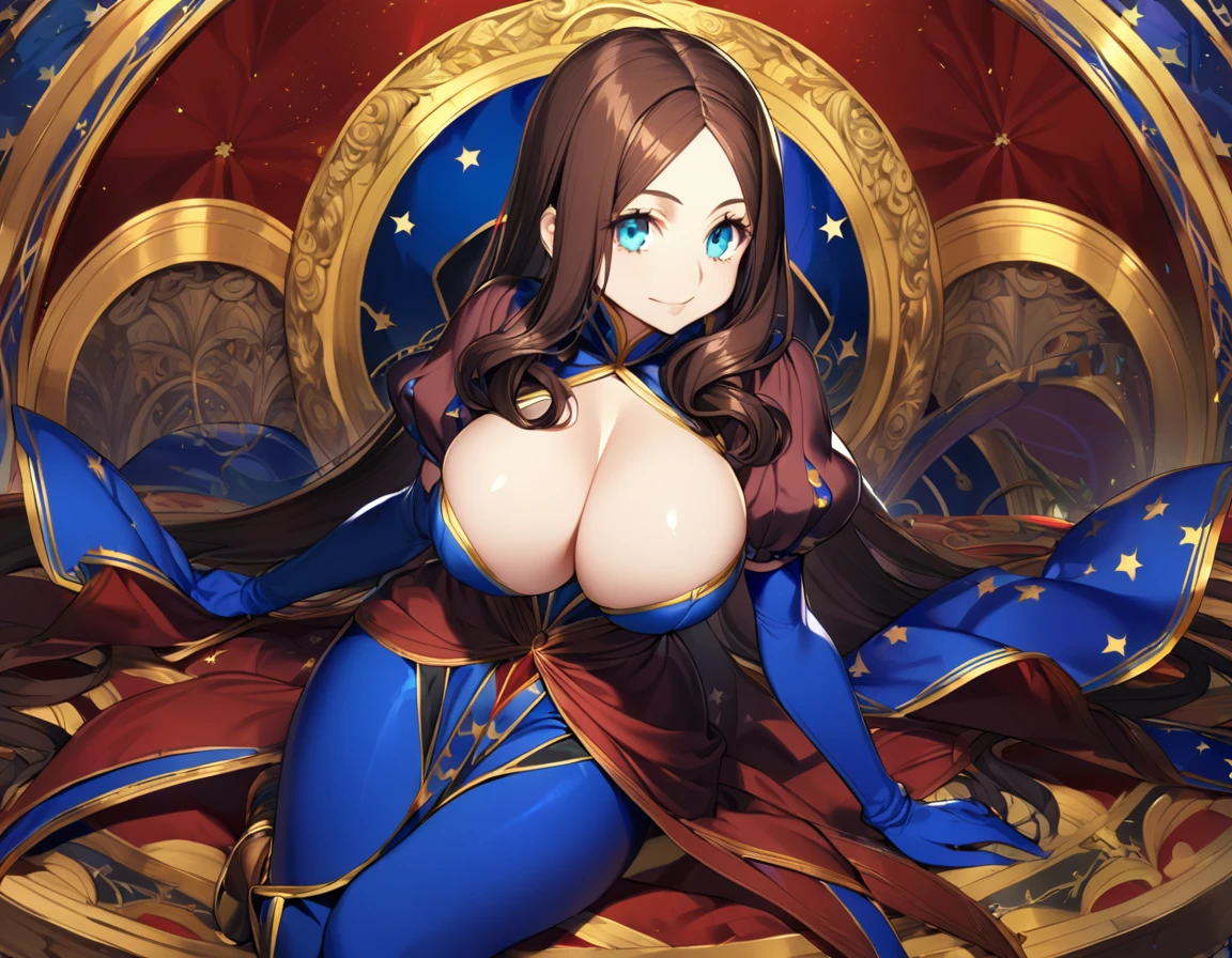 1girl(fate grand order, Leonardo da Vinci, brown straight hair, light blue eyes, big breast, blue opera length gloves, bule long tights, short boots), simple back ground,