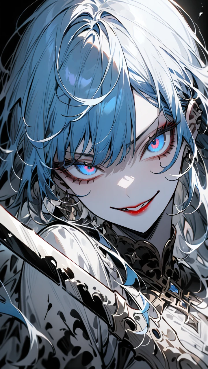 highest quality、masterpiece、1 girl、black background、blue hair:1.5、blue eyes、red lips, white clothes、Black and white world、Black and white world、pale skin、side blade, evil smile