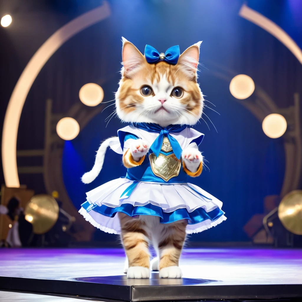 high quality, 最high quality, High resolution, masterpiece, 最高masterpiece, 8k, A cat wearing a cat idol costume, On live stage, Not personified, 前足2Book, Hind legs2Book