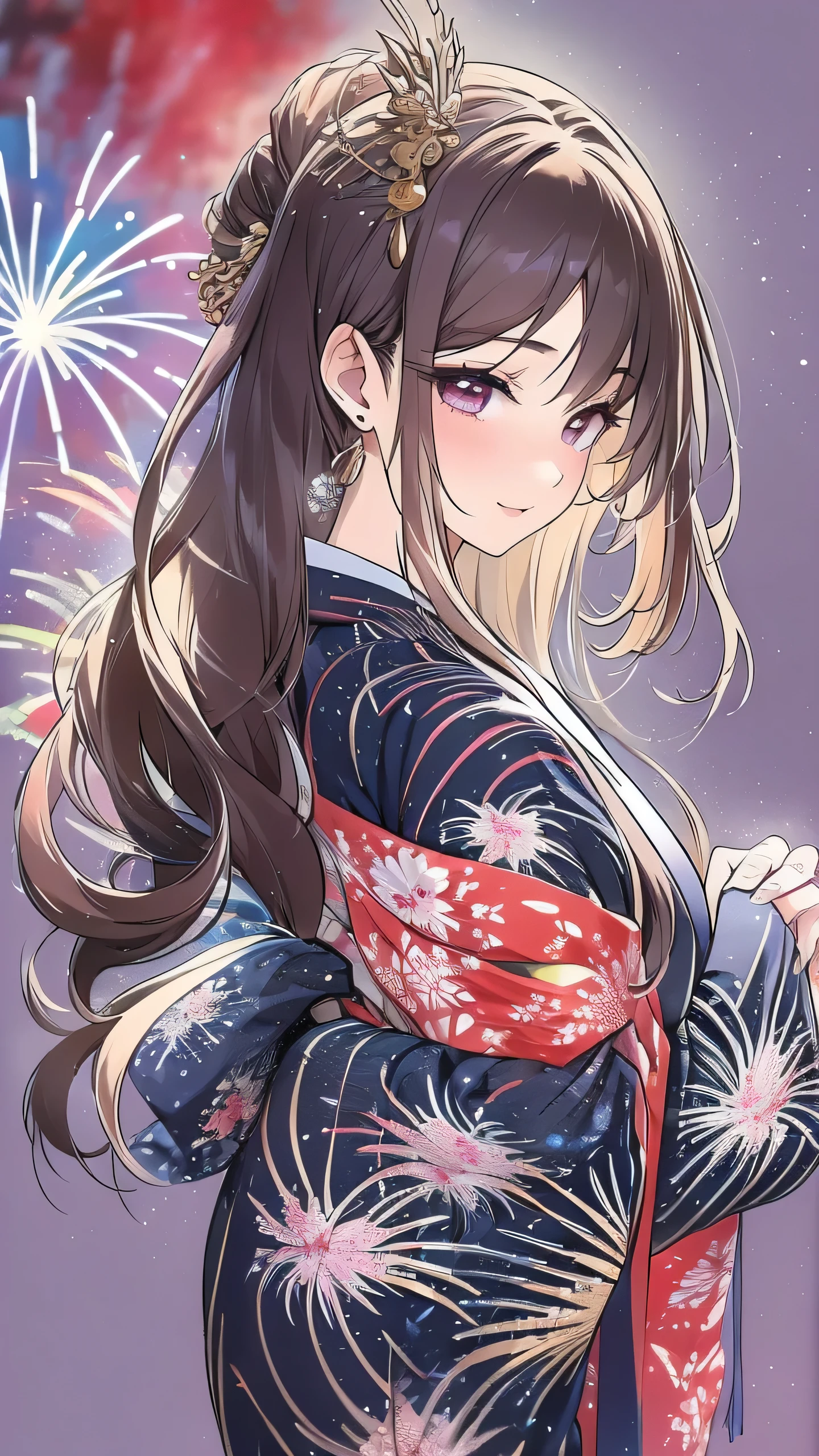 Highest quality, Finer details, (Beautiful single women))), Highly detailed eyes and face, firework, yukata, looking up at firework, Half Up Hair, Large tear bags, double eyelid,Big Breasts,Accurate fingers,arms behind back