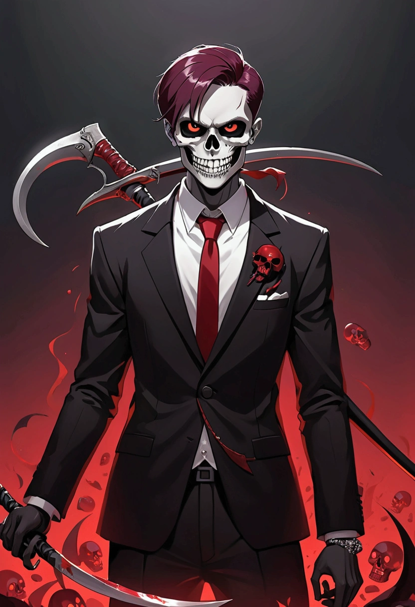((artwork, 8k, Low light)), 1 boy, 19 years old, Deep wine red iris color, Skull shaped pills, Wearing a black suit and red tie, smile, Sharp teeth, silver skull necklace, Serious expression, Black metal handle and part of the blade is red、He is holding a scythe with white details.rich