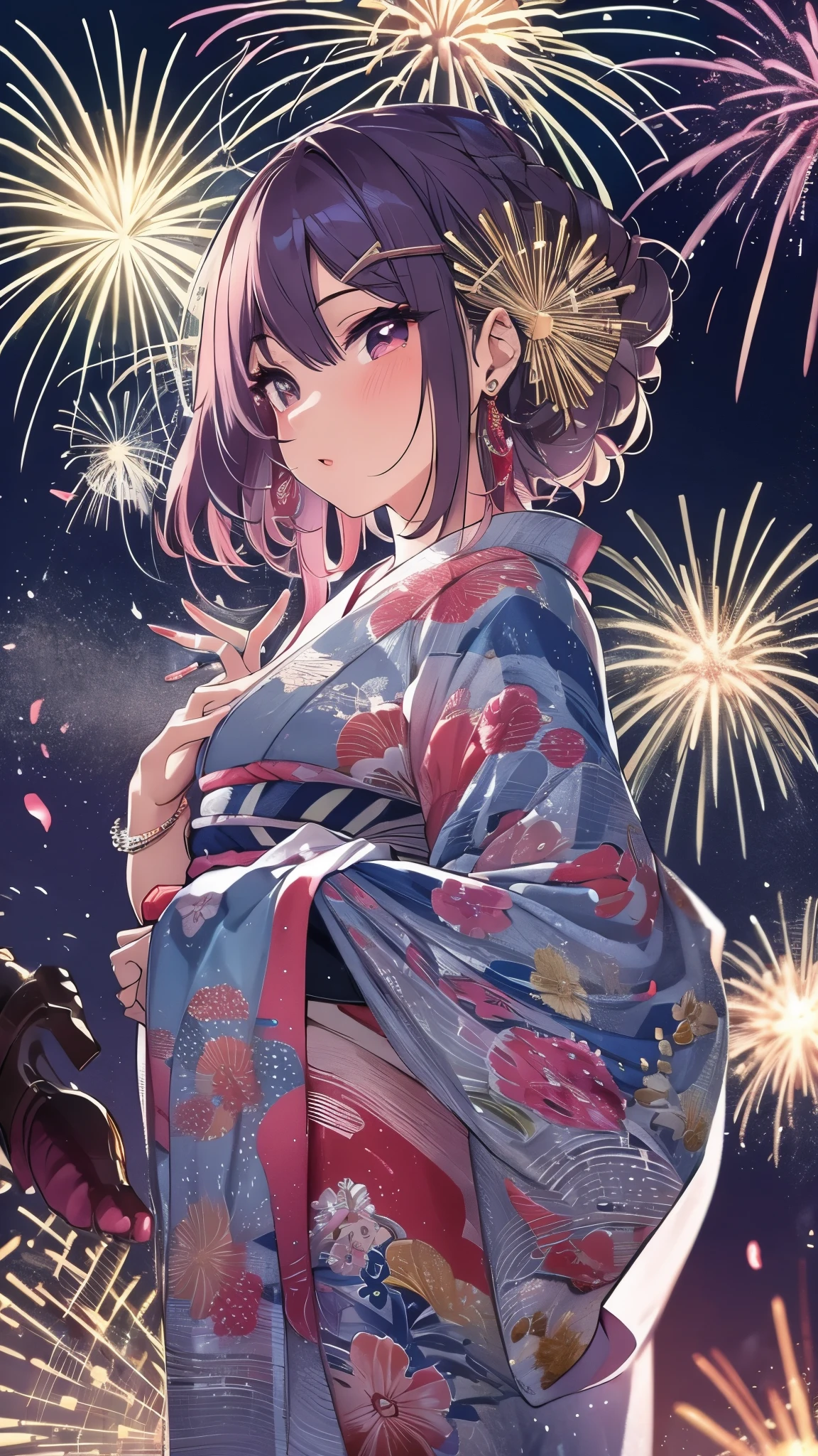 Highest quality, Finer details, (Beautiful single women))), Highly detailed eyes and face, firework, yukata, looking up at firework, Half Up Hair, Large tear bags, double eyelid,Big Breasts,Accurate fingers,arms behind back