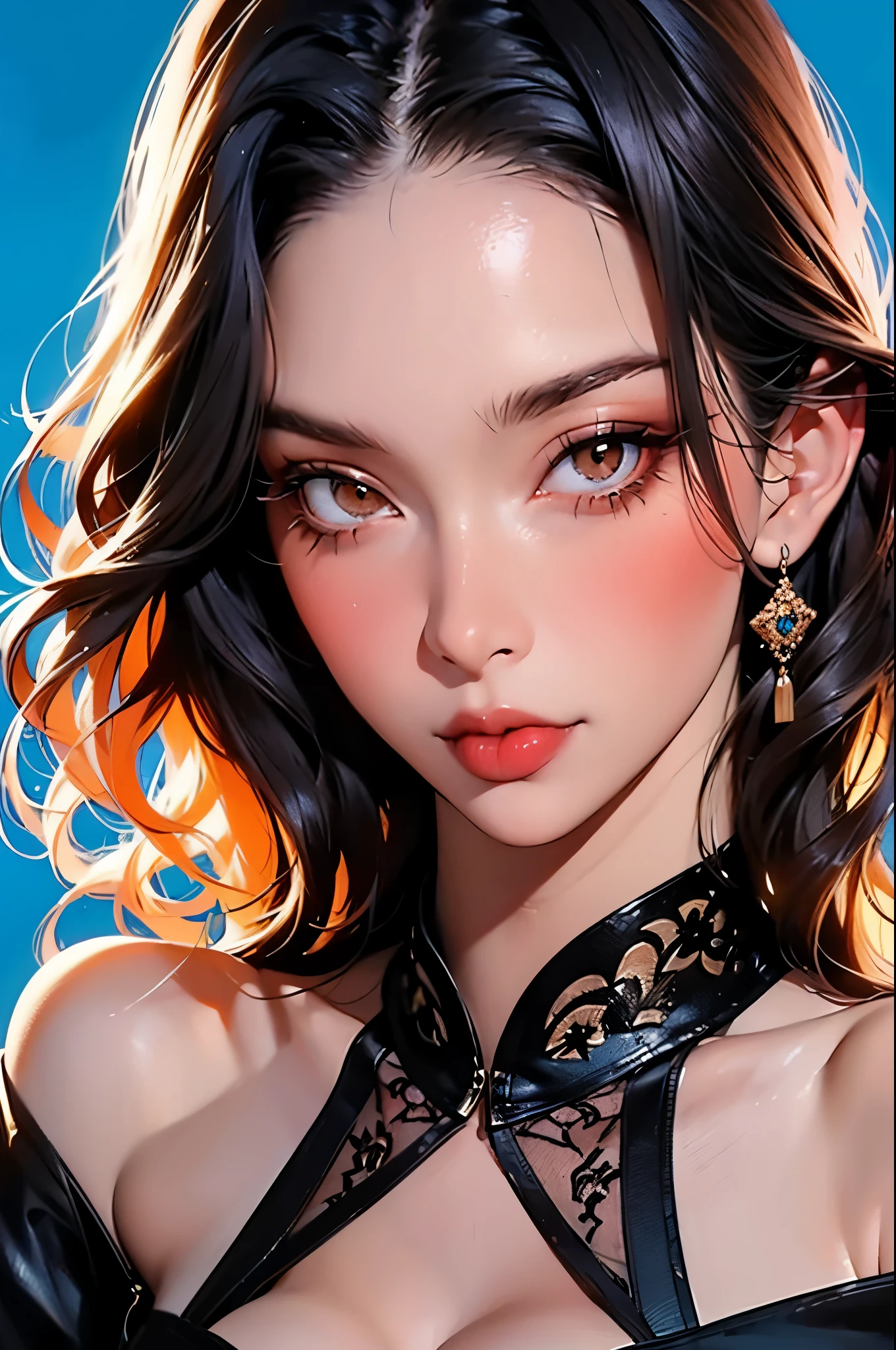 a painting of ((michelle Pfeiffer)) woman with a golden headpiece and a blue background, beautiful gorgeous digital art, karol bak uhd, gorgeous digital art, dreamy art, beautiful digital art, exquisite digital illustration, a beautiful artwork illustration, style of karol bak, expressive beautiful painting, beautiful digital artwork, intricate oil painting artwork, by Karol Bak, hauntingly beautiful art