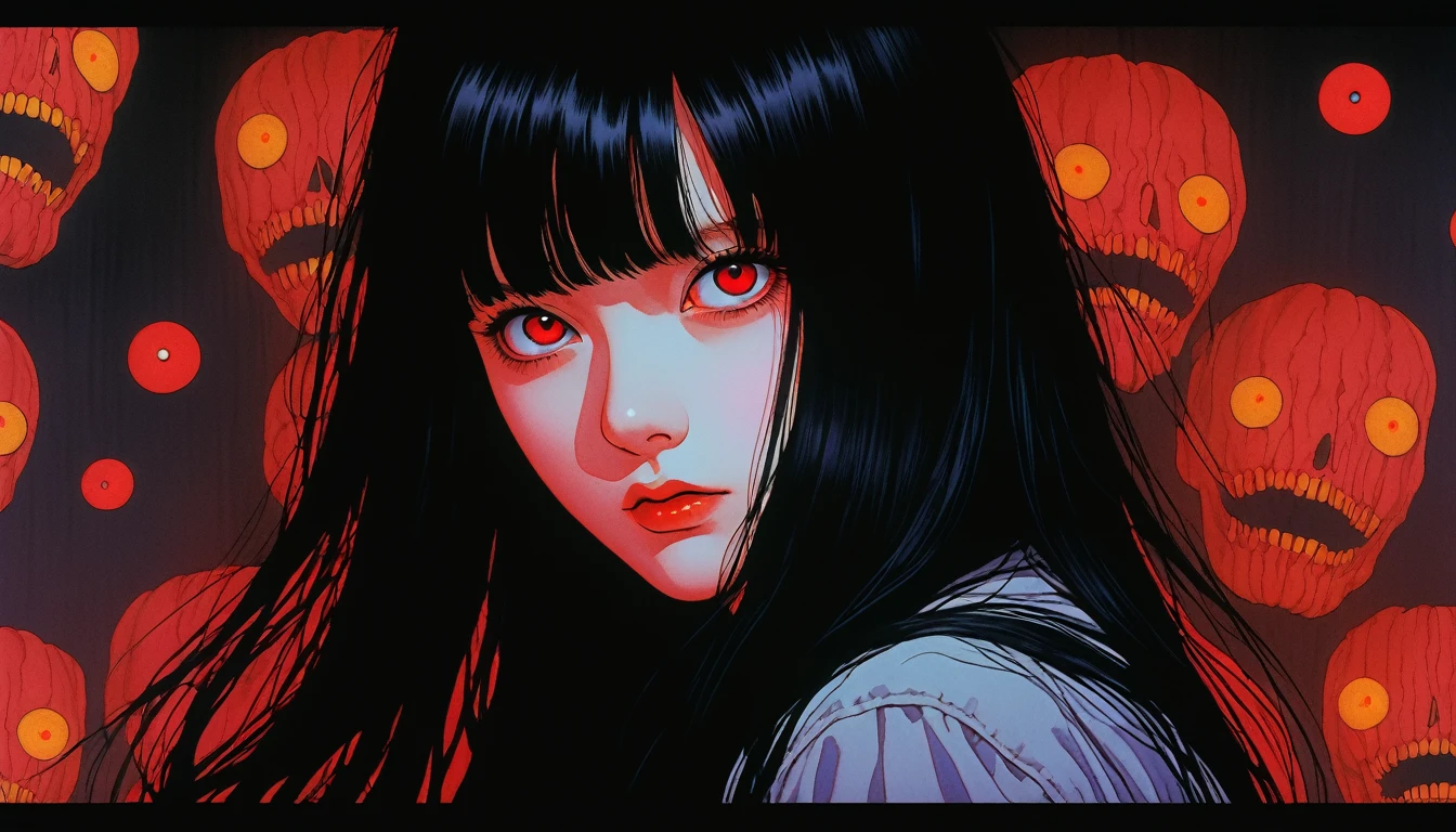 Highest quality,80s Horror Movies, A woman with long black hair,Red eye color,Supervised by Junji Ito,chromatic aberration, Complementary Gradient