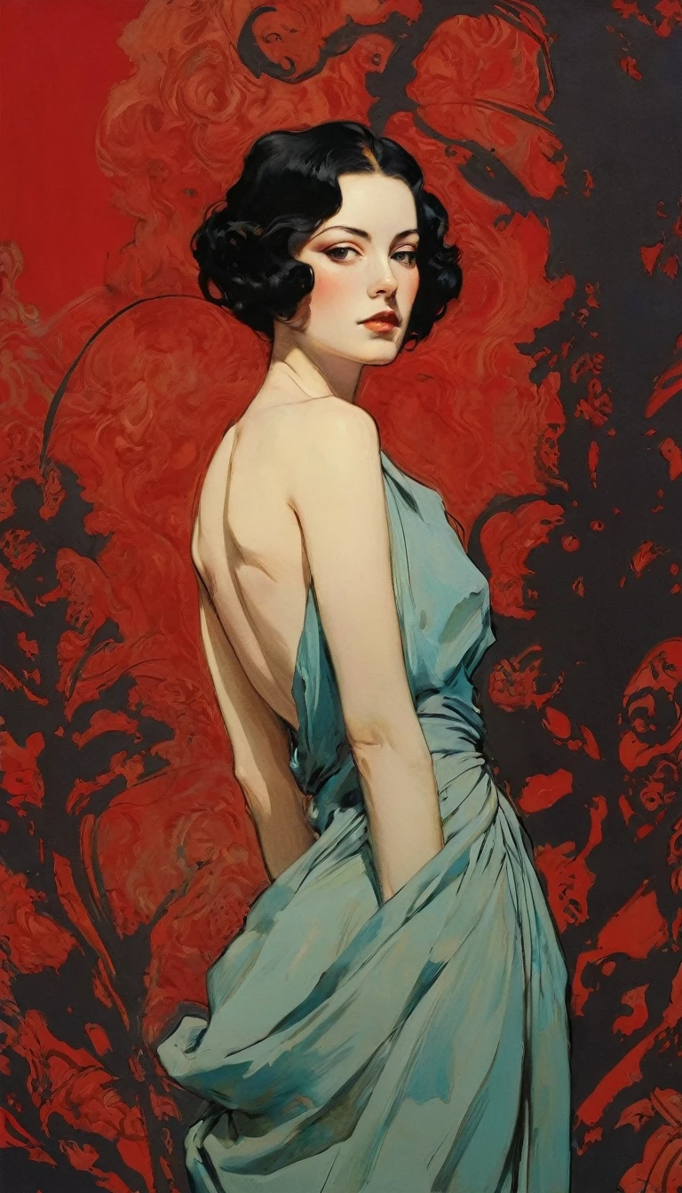 Sexy illustration of an elegant queen using chiaroscuro (((Short hair without bangs:1.4、beautiful eyes) , High quality ,Silk dress, matte paint, John Singer Sargent, author：Katsuya Terada、 Very soft colors, Deep and vivid, Deep red pastel, Very detailed, The art of math, High contrast, dramatic, complicated, Tone, close, Sexy and romantic、masterpiece、The Minimalists、