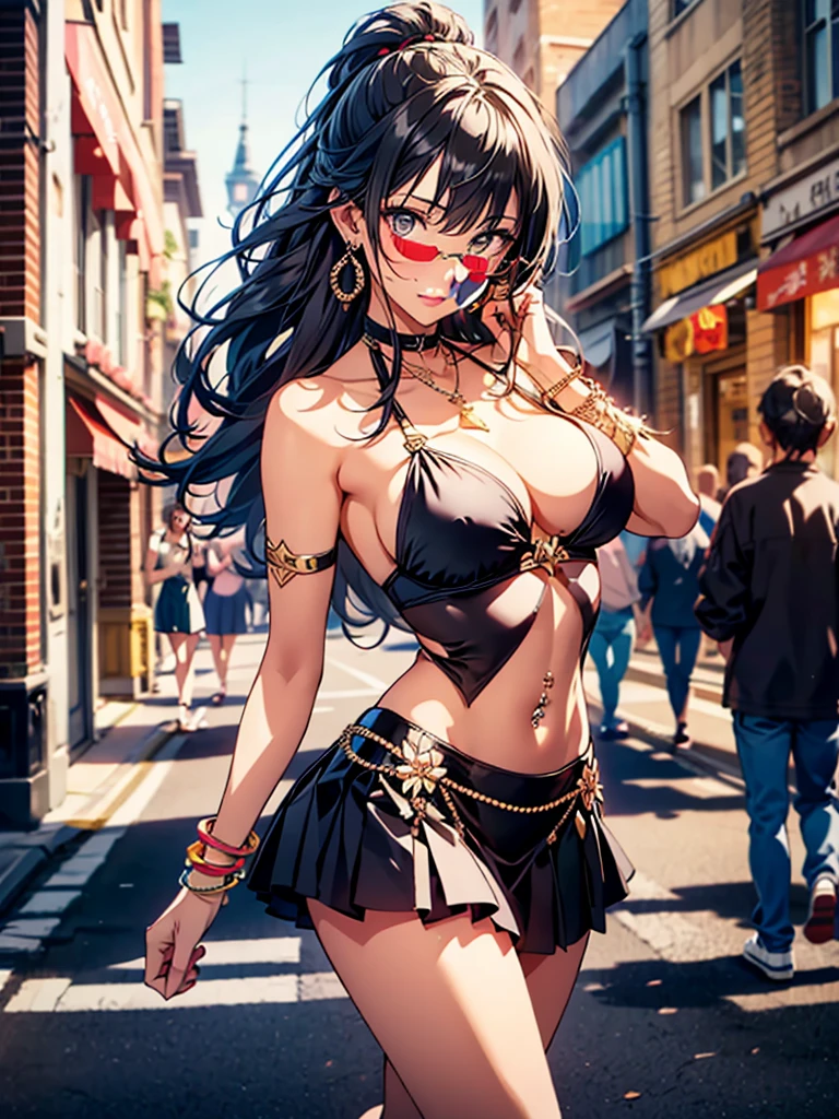 bellissima,1girl dancing, jewelry, breasts, ((dancing1.4)), dancing in the street, high heels, dark skin, bracelet, navel, earrings, solo focus, anklet, dark-skinned female, midriff, blurry background, long hair, necklace, blurry, cleavage, black hair, skirt, realistic, navel piercing sultry look, seductive