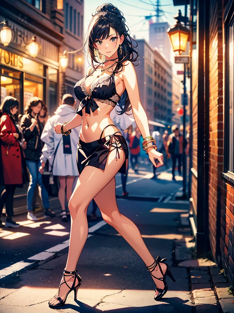 bellissima,1girl dancing, jewelry, breasts, ((dancing1.4)), dancing in the street, high heels, dark skin, bracelet, navel, earrings, solo focus, anklet, dark-skinned female, midriff, blurry background, long hair, necklace, blurry, cleavage, black hair, skirt, realistic, navel piercing sultry look, seductive