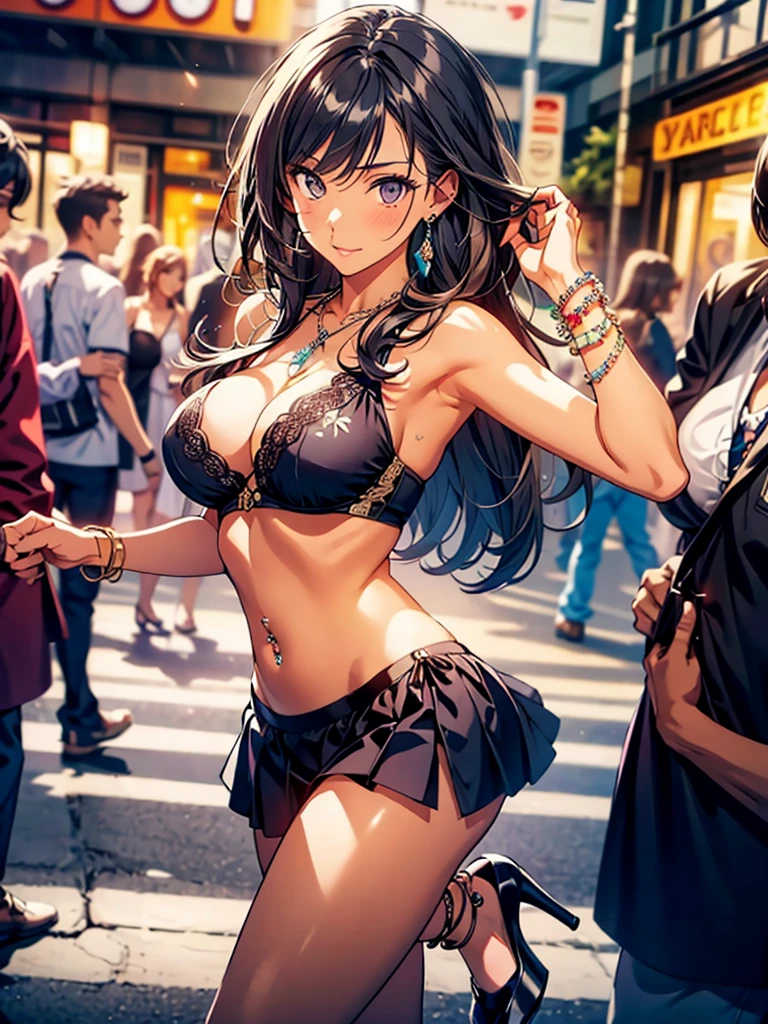 bellissima,1girl dancing, jewelry, breasts, ((dancing1.4)), dancing in the street, high heels, dark skin, bracelet, navel, earrings, solo focus, anklet, dark-skinned female, midriff, blurry background, long hair, necklace, blurry, cleavage, black hair, skirt, realistic, navel piercing sultry look, seductive