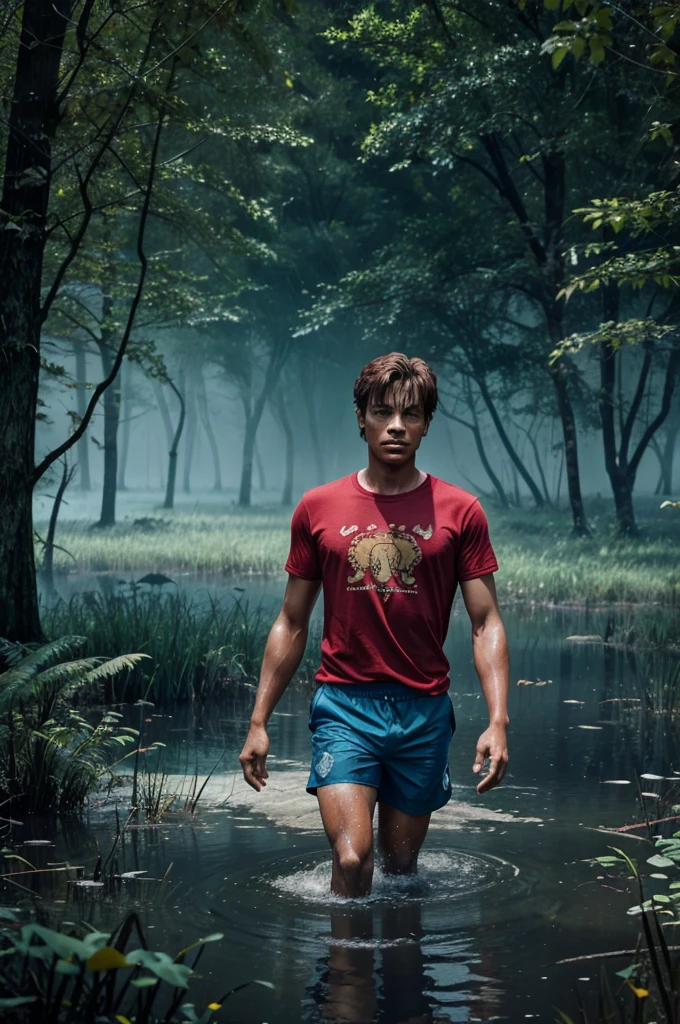 Here’s a prompt based on the image you provided:
Create an animated scene where a young lion cub, wearing a red shirt and blue shorts, is standing in a swamp with a frightened expression. The cub is surrounded by eerie, clawed hands emerging from the water, attempting to grab him. The background should be a dark, misty swamp with overhanging branches and a mysterious blue glow illuminating the scene.