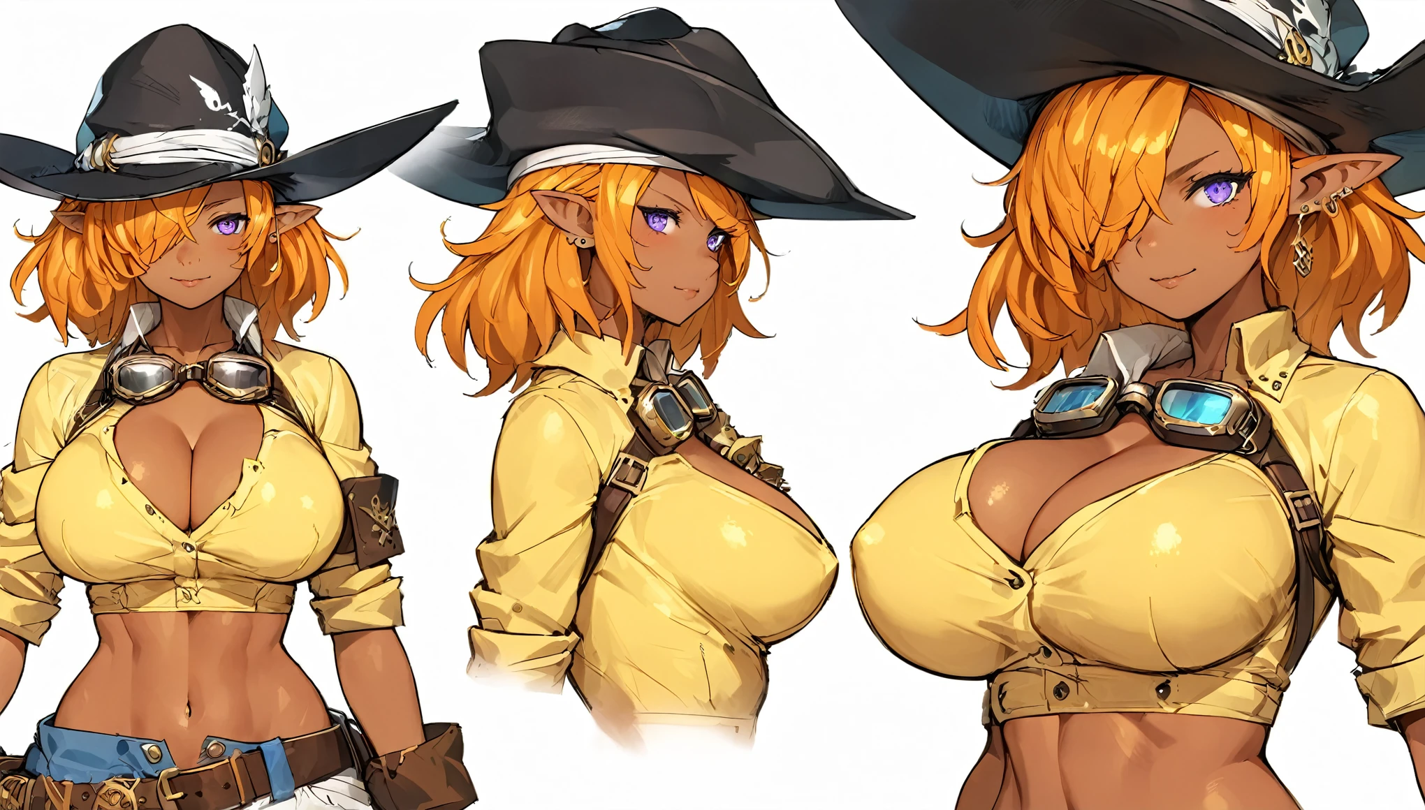 best quality,4k,8k, highres, masterpiece:1.2), ultra-detailed, extremely detailed eyes, extremely detailed body, (large masterpiece digital art), (detailed manga illustration), (detailed line art), ((perfect anatomy)), (intricate details:1.3), (ultra-detailed:1.3), (illustration:1.3), (sharp focus:1.3), (natural lighting:1.05), (vivid colors:1.3), (masterpiece), (best quality:1.4), (perfect anatomy:1.4), high quality, expressive eyes, full body, detailed face, beautiful face, perfect face, 1 girl, tall girl, , large breastvage, deair, medium hair, orange hair, hair over one eye, purple eyes, goggles around neck, (whale girl), fins, pointy ears, pirate, pirate hat, tricorne, earrings, ((yellow shirt)), crop top, cross-laced clothes, belt, wide smile, (sharp teeth), ((cropped jacket)), martial artist stance, (midriff), asymmetrical clothes, (asymmetrical pants), gloves, curvy, two-tone skin, black skin, jewelry, Intricate, High Detail, Sharp focus, design sheet, consistent character, turnaround, concept,