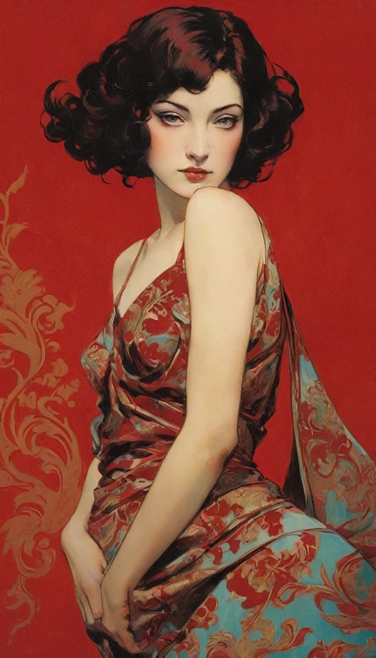 Sexy illustration of an elegant queen using chiaroscuro (((Short hair without bangs:1.4、beautiful eyes) , High quality ,Silk dress, matte paint, John Singer Sargent, author:Katsuya Terada、 Very soft colors, Deep and vivid, Deep red pastel, Very detailed, The art of math, High contrast, dramatic, complicated, Tone, close, Sexy and romantic、masterpiece、The Minimalists、