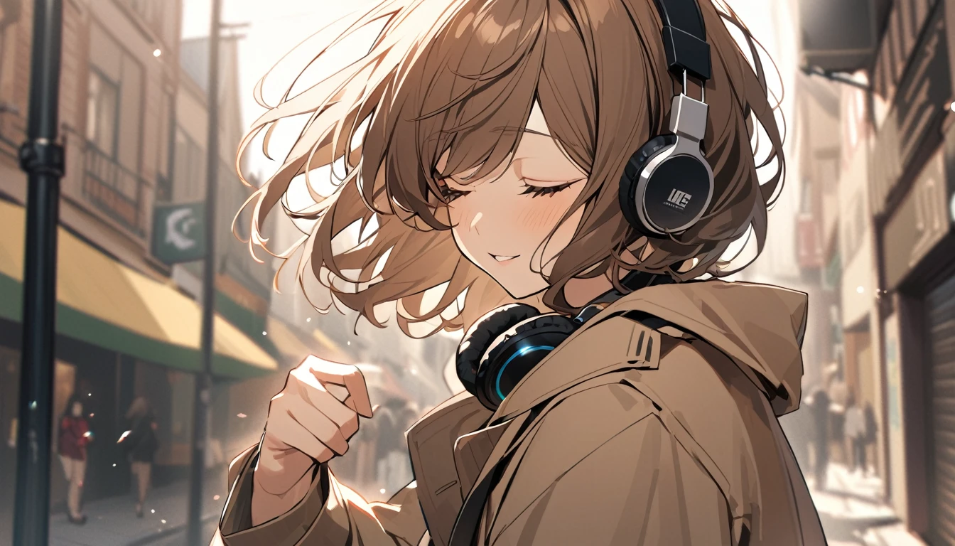 A girl with wavy brown bob hair wearing a dark beige coat.
I close my eyes and listen to music with my headphones on in the street.