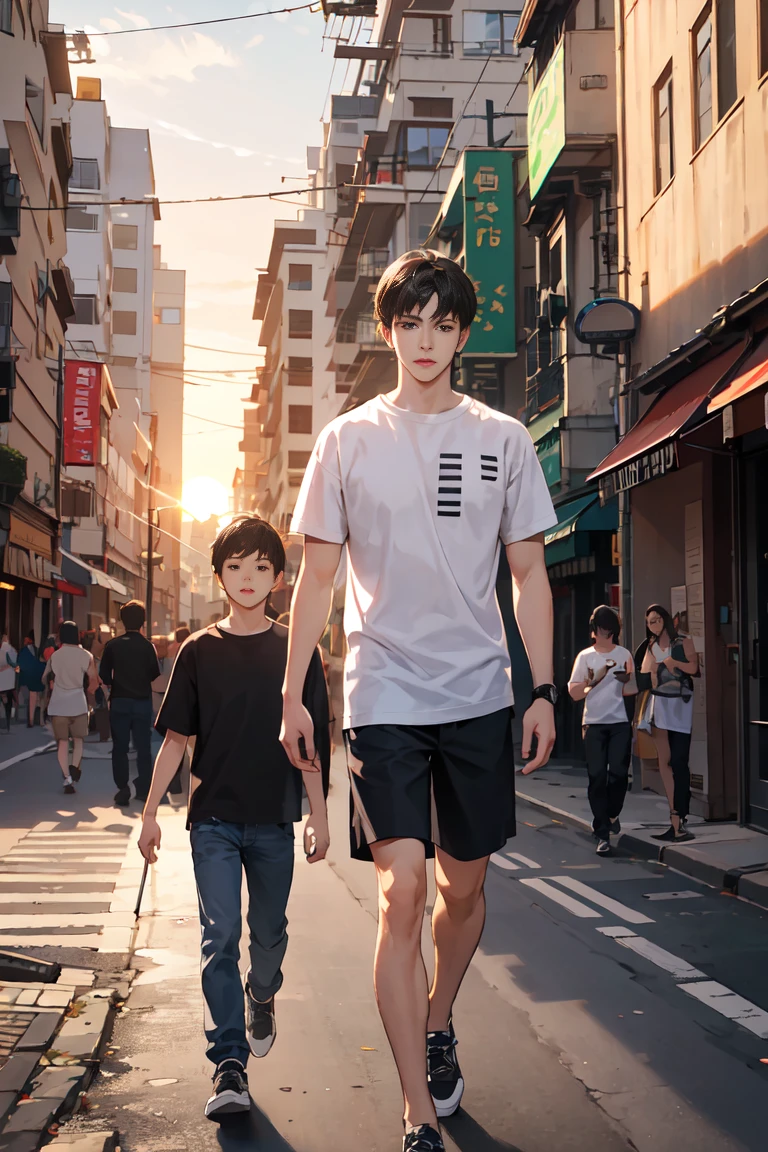(absurd, very detailed, realistic, ), 1 Boy,mature, alone, black short hair, white t shirt,brown eyes,Taking a walk on a busy city street with your hair blown and watching the sunset, Ultra-detailed, best quality, detailed diagram, 8k, graphic design, full hd, Feels like I'm walking from far away