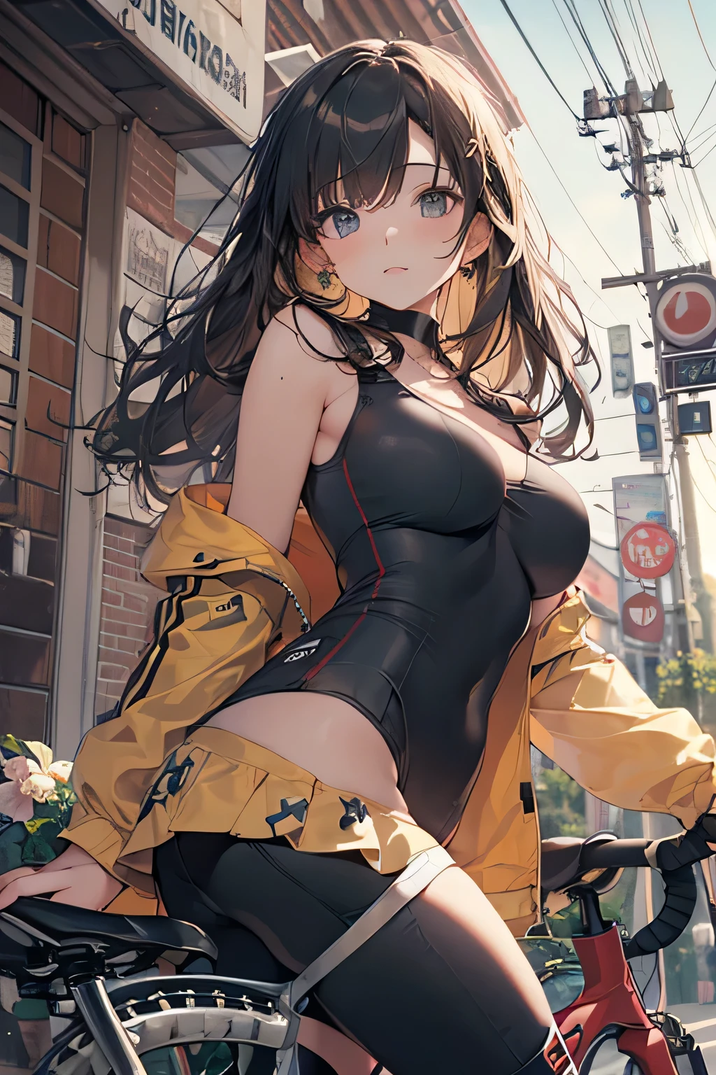Browsing Caution, ((Browsing Caution)), (((Perfect photo))), One Girl, alone, , Azusa Nakano, , Jacket, View Audience, Laugh out loud, SFW with hidden breasts, Big ample breasts!, SFW Big, Beautiful and seductive anime woman, Big ample breasts!!, Bust ratio adopted, Highest quality, Official Art, Browsing Caution, Best Anatomy, (Bike Shorts,:1.5)、Cowboy Shot, (Close-up from below)
