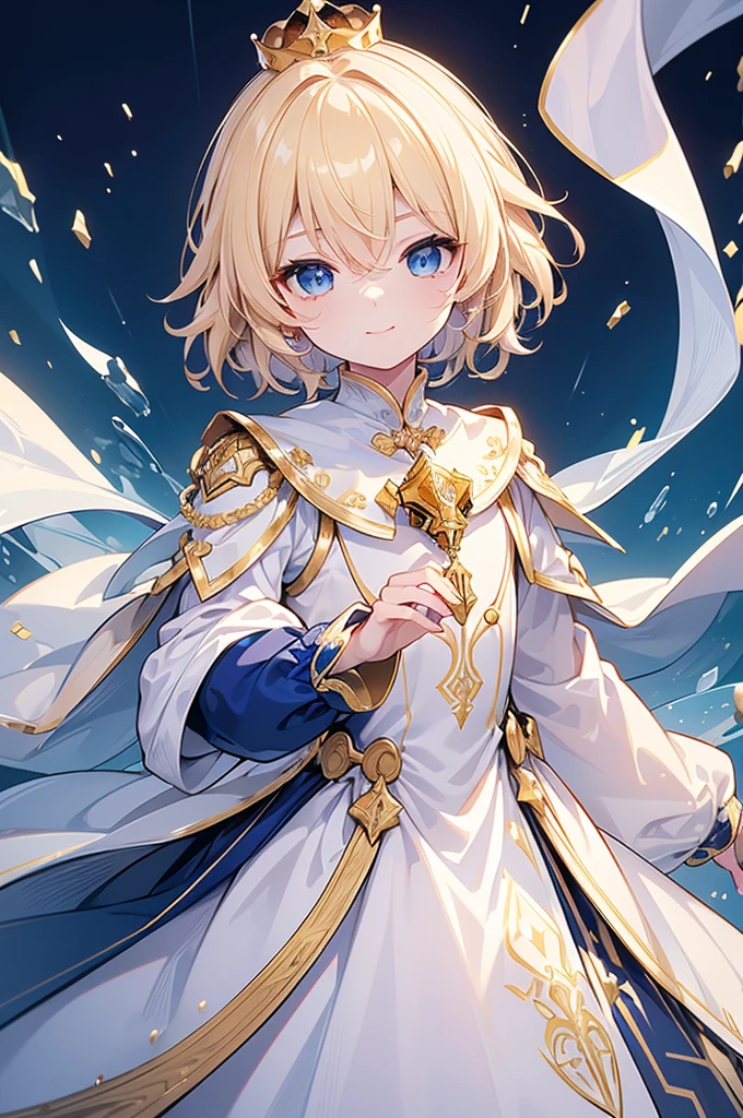 (Highest quality) (4K) (8k) (High resolution) (masterpiece:1.2) (Super detailed) One boy short hair Wizard Blue Eyes Long sleeve Golden decoration Hair between the eyes White Dress Wavy golden hair Upper Body (large crown) (White Background) (profile) Face close-up ((Young)) smile Activate magic (Small body) Dress shirt