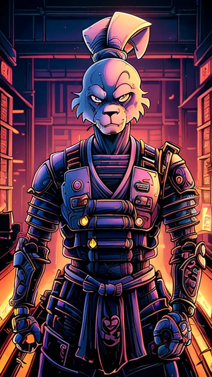 (Teens:1boy: usagi yojimbo), (extremely detailed CG unit 8k wallpaper),(master part), (best quality), (ultra detail), (best illustration),(melhor ombre), cowboy shot, (Sharp eyeliner, ombre, detail eyes:1),dark neon light post apocalyptic interiors background, ,break , (Cybernetic samurai), upper body