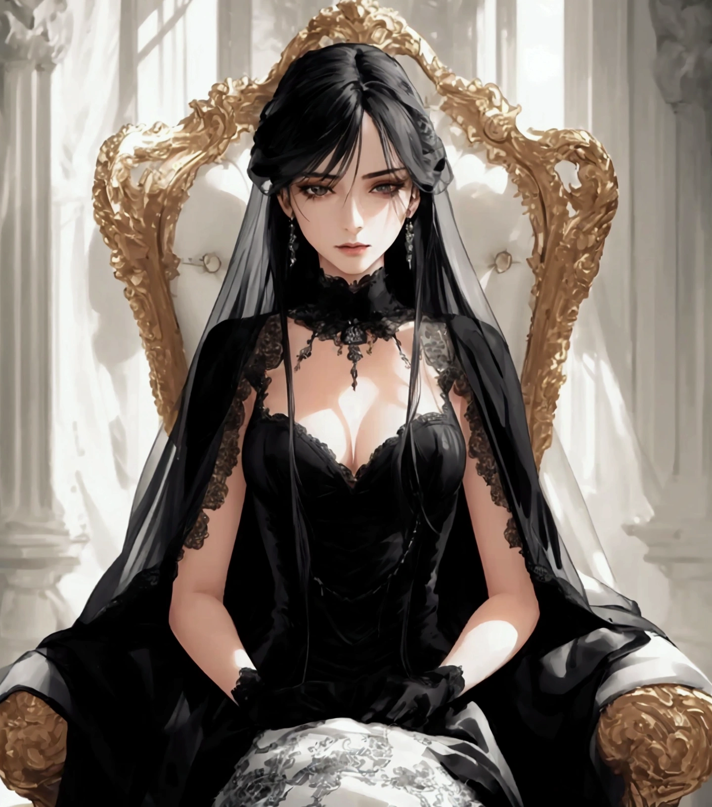 (best quality,ultra-detailed,realistic:1.37),dark,bold,aesthetically pleasing,imposing presence,enigmatic expression,beautiful detailed eyes,long black hair,soft feminine features,ornate chair,gothic vibes,luxurious setting,contrast between black and white,powerful figure,tall and commanding,confident posture,delicate lace details,high neckline,flowing cape,dramatic lighting,subtle shadows,monochrome color palette,classical art style,detailed textures,mysterious aura,strong visual impact