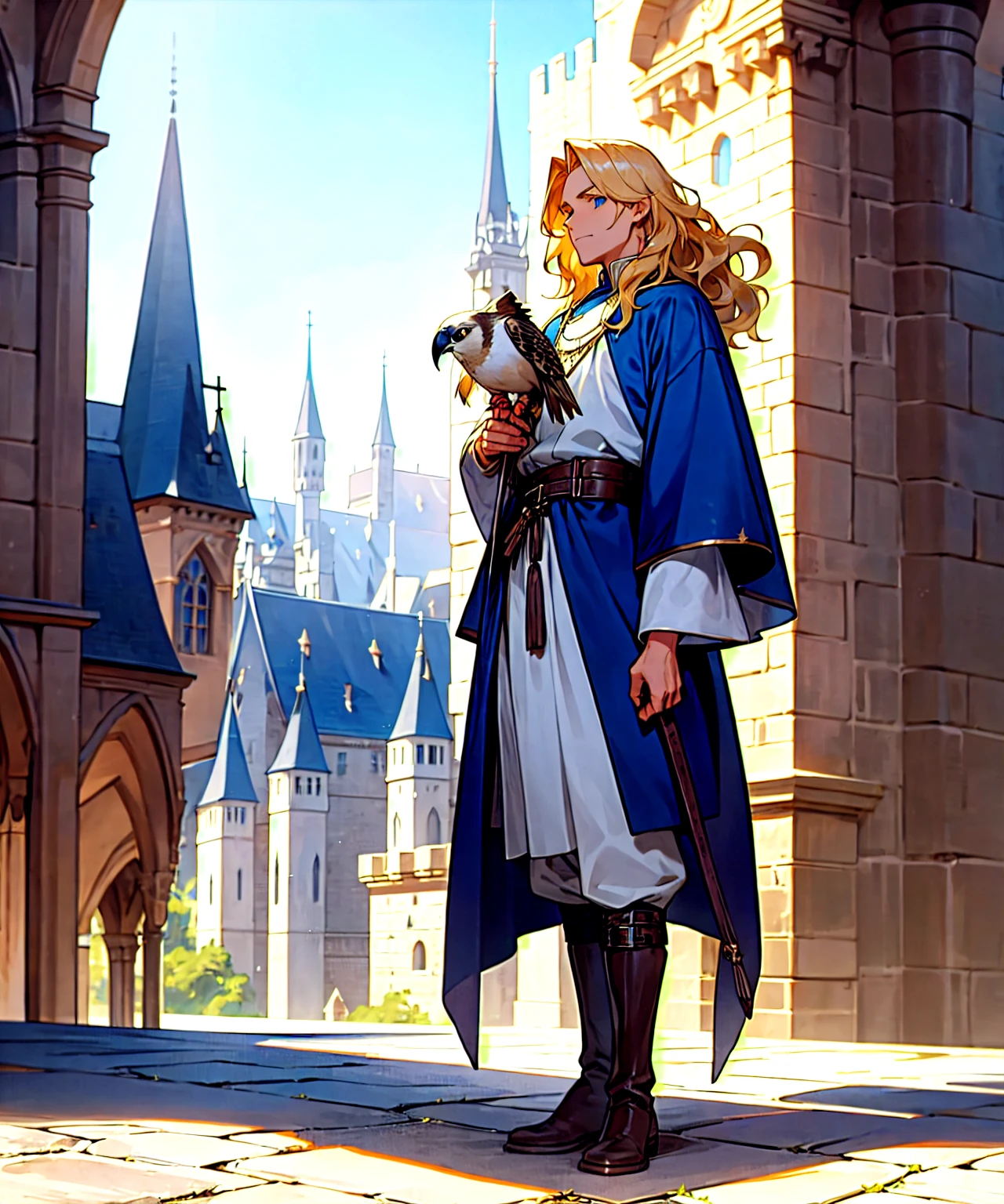 1male: Wavy blonde hair, blue eyes, dressed in a royal blue medieval tunic and leather boots, standing on a castle balcony, holding a falcon.