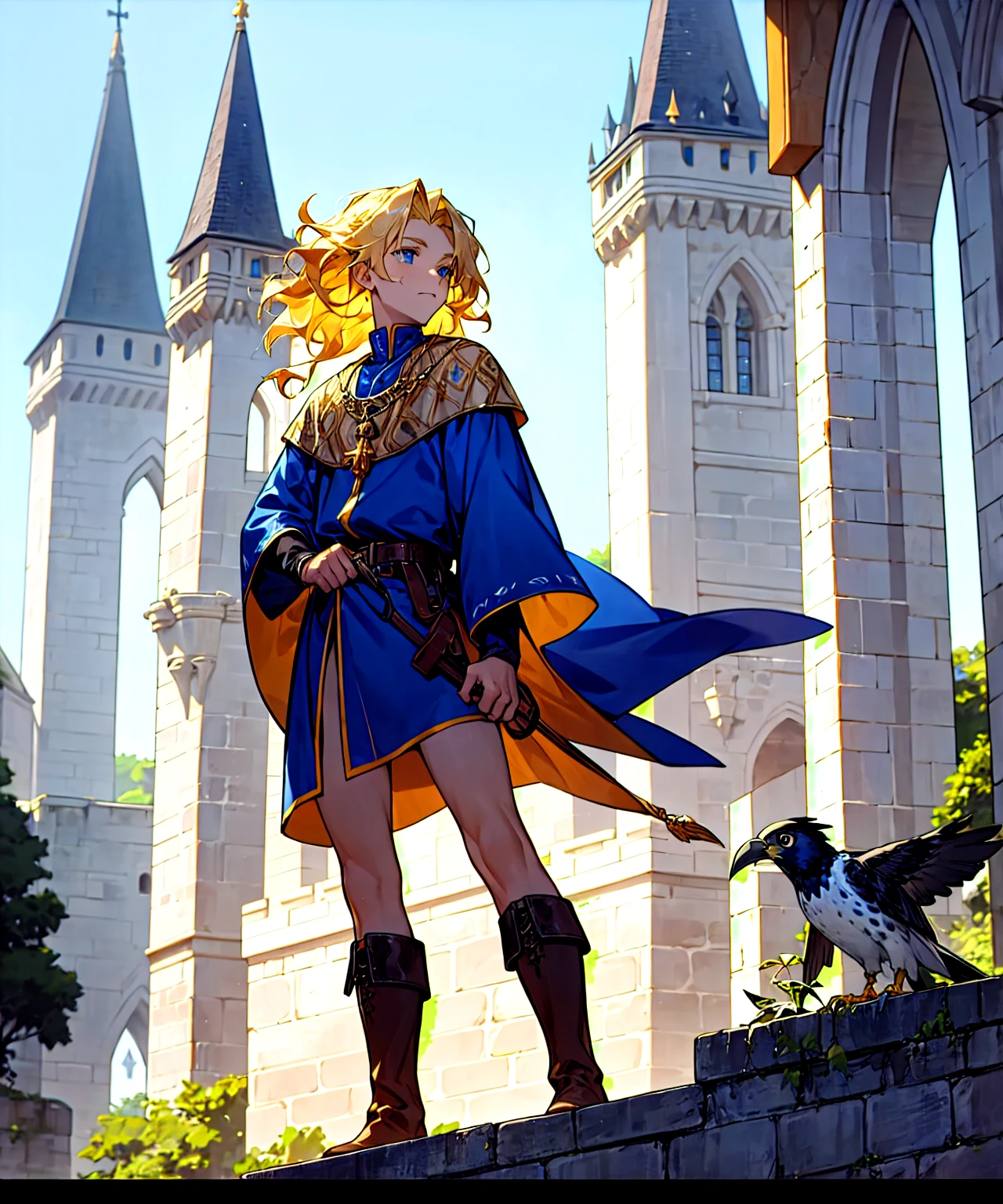 1male: Wavy blonde hair, blue eyes, dressed in a royal blue medieval tunic and leather boots, standing on a castle balcony, holding a falcon.