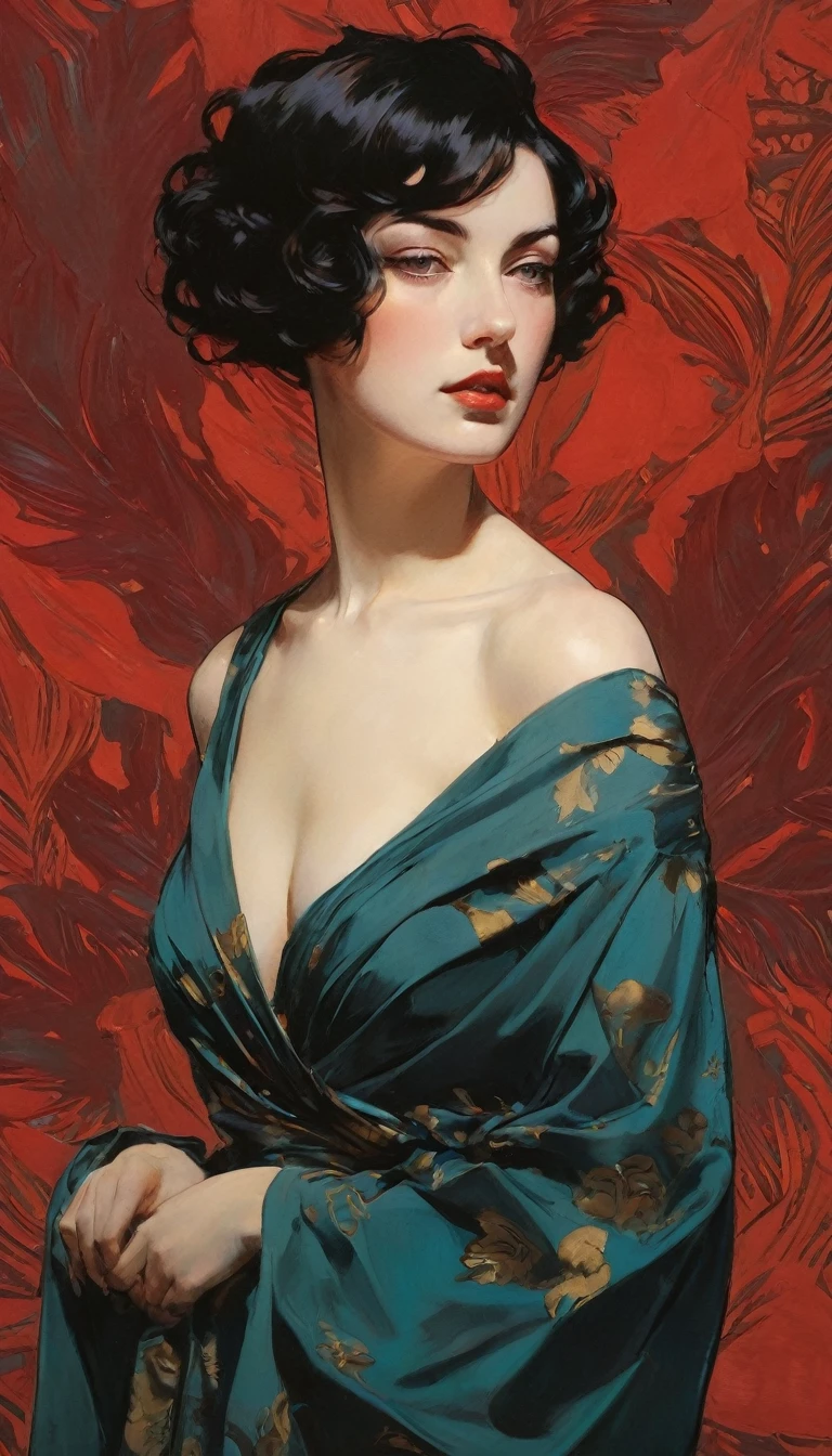 Sexy illustration of an elegant queen using chiaroscuro (((Short hair without bangs:1.4、beautiful eyes) , High quality ,Silk dress, matte paint, John Singer Sargent, author:Katsuya Terada、 Very soft colors, Deep and vivid, Deep red pastel, Very detailed, The art of math, High contrast, dramatic, complicated, Tone, close, Sexy and romantic、masterpiece、The Minimalists、