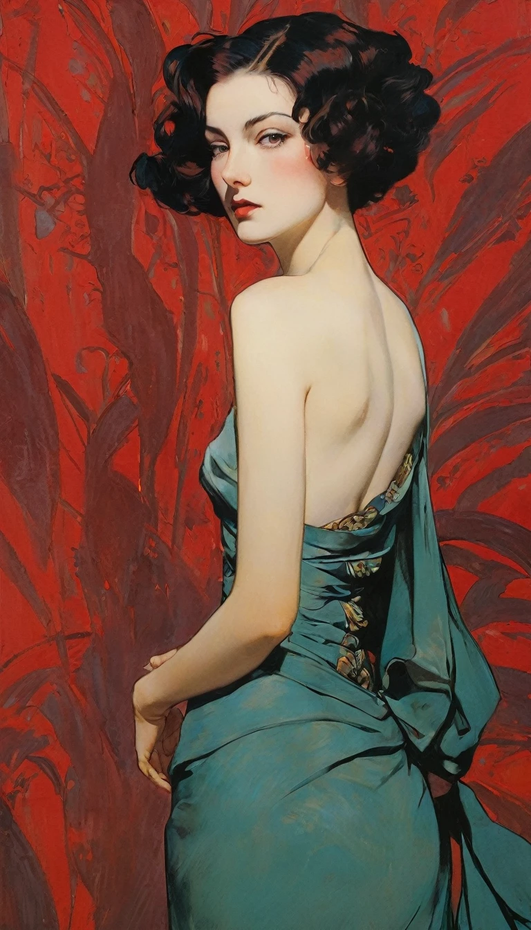 Sexy illustration of an elegant queen using chiaroscuro (((Short hair without bangs:1.4、beautiful eyes) , High quality ,Silk dress, matte paint, John Singer Sargent, author:Katsuya Terada、 Very soft colors, Deep and vivid, Deep red pastel, Very detailed, The art of math, High contrast, dramatic, complicated, Tone, close, Sexy and romantic、masterpiece、The Minimalists、