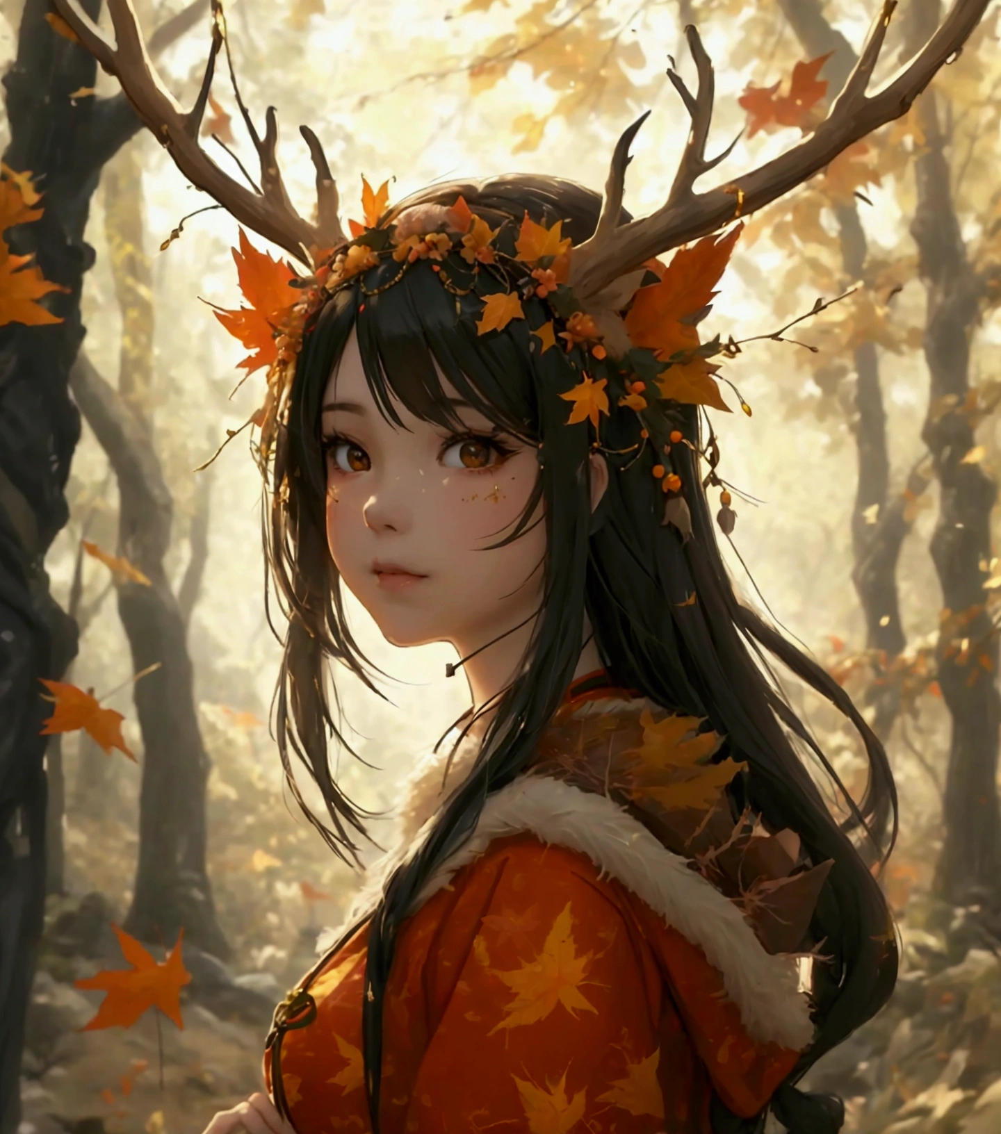 a woman with long hair and a deer antlers headband in a forest, 🍁 cute, 🍂 cute, beautiful autumn spirit, goddess of autumn, style artgerm, seasons!! : 🌸 ☀ 🍂 ❄, orange and brown leaves for hair, anime girl with long hair, artgerm and rossdraws, extremely detailed artgerm, artgerm and atey ghailan