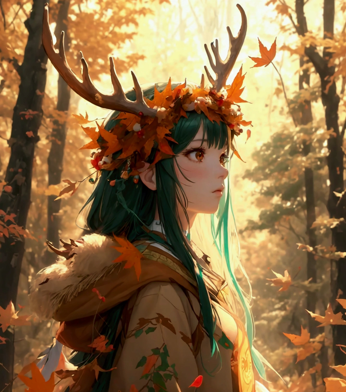 a woman with long hair and a deer antlers headband in a forest, 🍁 cute, 🍂 cute, beautiful autumn spirit, goddess of autumn, style artgerm, seasons!! : 🌸 ☀ 🍂 ❄, orange and brown leaves for hair, anime girl with long hair, artgerm and rossdraws, extremely detailed artgerm, artgerm and atey ghailan