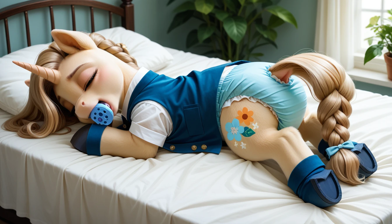 pony, light caramel unicorn, adult mare, sleeps in an adult-sized crib, closed eyes, lush mane braided, bushy tail, dressed in a bright blue vest and blue booties, blue pacifier in mouth, solo, thick dark blue diaper under clothes.