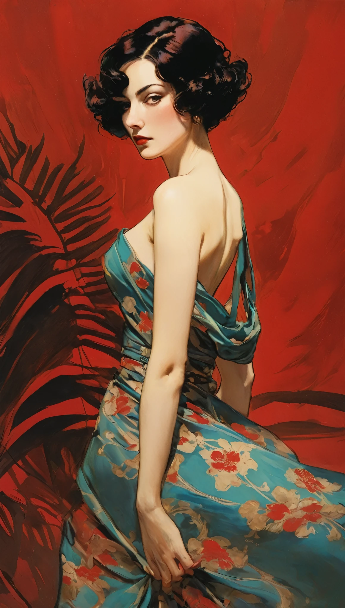 Sexy illustration of an elegant queen using chiaroscuro (((Short hair without bangs:1.4、beautiful eyes) , High quality ,Silk dress, matte paint, John Singer Sargent, author:Katsuya Terada、 Very soft colors, Deep and vivid, Deep red pastel, Very detailed, The art of math, High contrast, dramatic, complicated, Tone, close, Sexy and romantic、masterpiece、The Minimalists、