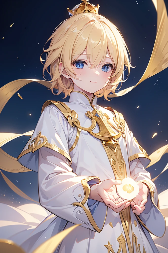 (Highest quality)　(4K)　(8k)　(High resolution)　(masterpiece:1.2)　(Super detailed)　One boy　short hair　Wizard　Blue Eyes　Long sleeve　Golden decoration　Hair between the eyes　White Dress　Wavy golden hair　Upper Body　(large crown)　(White Background)　(profile)　Face close-up　((Young))　smile　Activate magic　(Small body)　((Dress shirt))