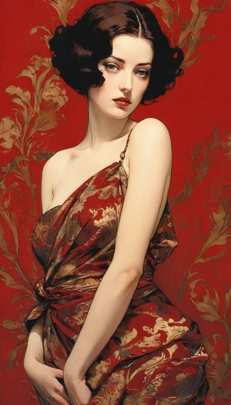 Sexy illustration of an elegant queen using chiaroscuro (((Short hair without bangs:1.4、beautiful eyes) , High quality ,Silk dress, matte paint, John Singer Sargent, author：Katsuya Terada、 Very soft colors, Deep and vivid, Deep red pastel, Very detailed, The art of math, High contrast, dramatic, complicated, Tone, close, Sexy and romantic、masterpiece、The Minimalists、