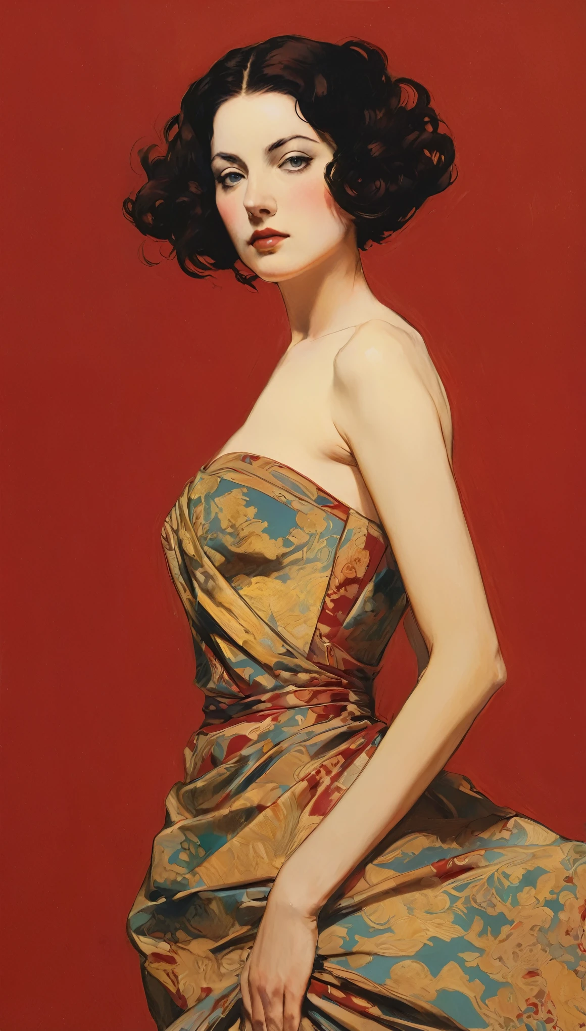 Sexy illustration of an elegant queen using chiaroscuro (((Short hair without bangs:1.4、beautiful eyes) , High quality ,Silk dress, matte paint, John Singer Sargent, author:Katsuya Terada、 Very soft colors, Deep and vivid, Deep red pastel, Very detailed, The art of math, High contrast, dramatic, complicated, Tone, close, Sexy and romantic、masterpiece、The Minimalists、