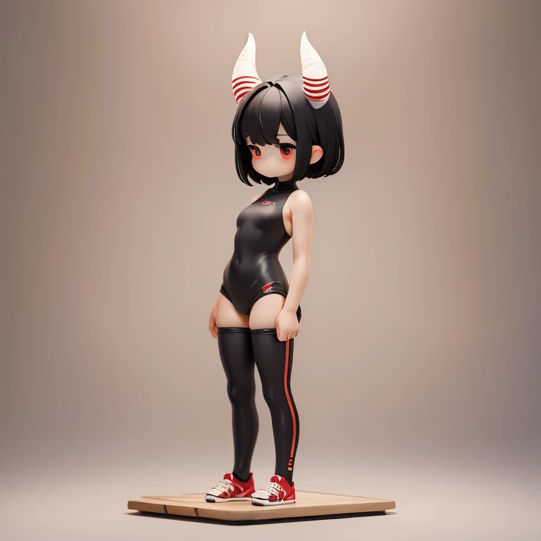 Young Girl,,Mini character,Red eyes,Black Hair,Ahoge,Short Hair,Short Hair,Very Short Hair,Dark atmosphere,Deformed character,Horns growing,slender,Slender,Small breasts,Small breasts,Tight-fitting clothing,Yoga Suit,spats,Facing forward,Watching the audience,Facing the screen,Standing with your legs apart,Even the toes are visible,Even the toes are visible,
