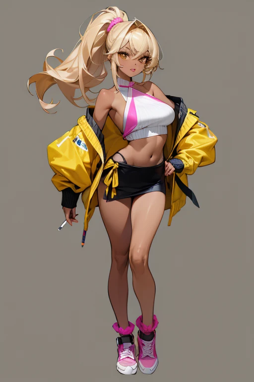 1 masterpiece, full details, 4k quality, 1 girl, solo, front view, full_body, leggs apart, boxing girl, , standing, , mature woman, gyaru, ganguro girl, yellow_eyeshadow, kogal, yelow lipstick, kuro_gyaru, dark skined female, dark skin, hair_up, highleg_panties, side-tie_panties, ((thong)), eyelashes, eyebrows, blonde hair, between_breasts, ((cardigan_around_waist)), micro bikini, micro bikini top only, open blouse, ((pencil micro skirt)), partially_visible_vulva, pink_leg_warmers, plataform shoes, open jacket