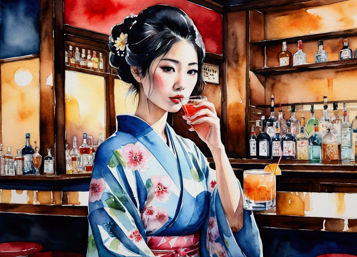 Beautiful Japanese woman in a kimono drinking a cocktail in a dimly lit Paris bar　Bar in Paris　European　Very beautiful Japanese women　Depiction of the upper body　Detailed eyes　With a melancholy look　sorrow　　Jazz Bar 　watercolor　watercolor art　Ink illustration　Highest quality　Highest quality　smokyで薄暗い雰囲気のJazz Bar　Blurred Background　bluesy