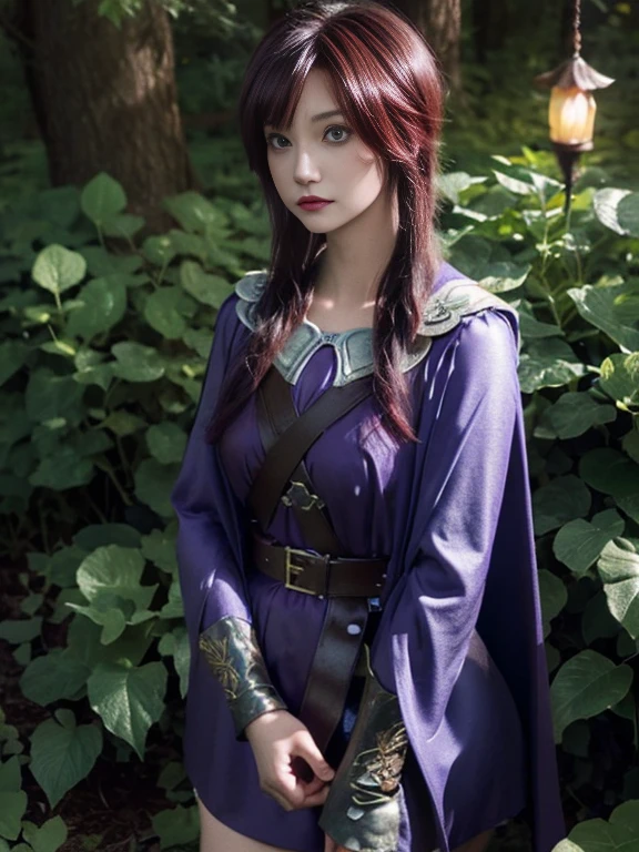 forest, magical forest, fantasy, light bean, light particles, mushroom, flowers, sharp focus, lanterns, fantasy art, butterflies, bushes, maki nishikino, short hair, (purple eyes:1.1), red hair, lucina fe, tiara, long hair, bule hair, blue eyes, armor, shoulder armor, long sleeves, cape, belt, leggings, thigh boots
