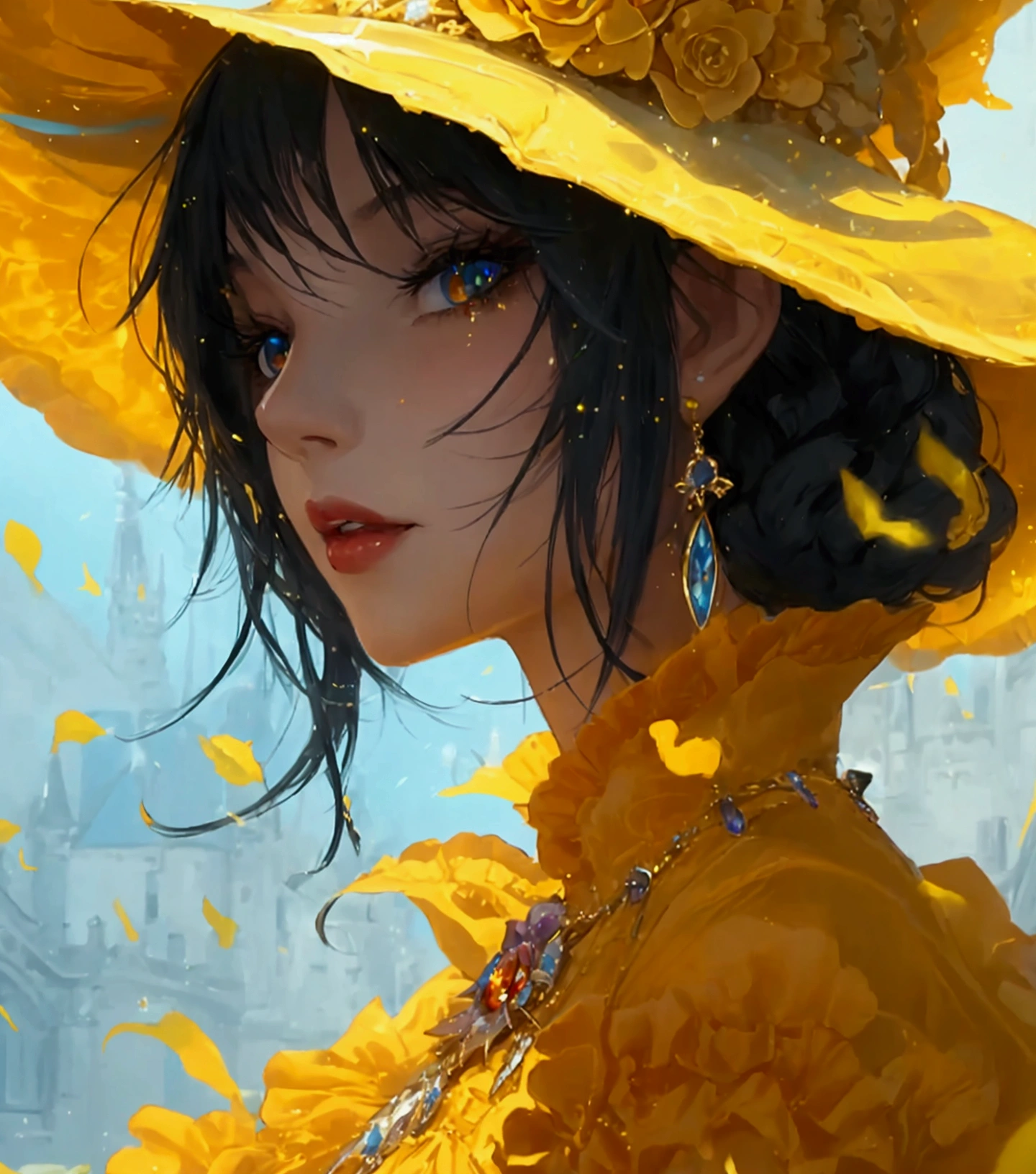 a close up of a woman in a yellow dress and a hat, castlevania witch, yoshitakka amano karol bak, fashionable dark witch, supervillain sorceress witch, by amano, classical witch, beautiful sorceress, a beautiful sorceress, beautiful vampire queen, beautiful witch female, amano and karol bak, Glitter jewelry 💍 glitter ✨