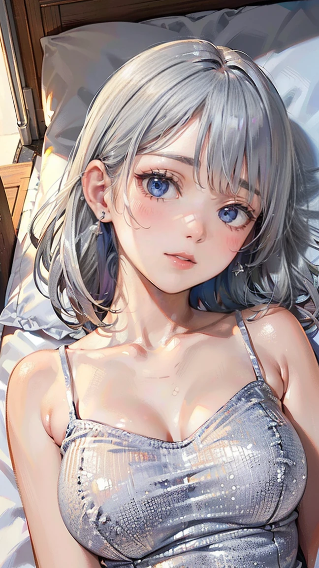 (masterpiece, Highest quality:1.3), (Super detailed:1.2), (hyperRealistic:1.3), (RAW Photos:1.2), High-definition RAW color photos, Professional photos, (PhotoRealistic:1.4), (Realistic:1.4), (Silver Hair:1.5), Professional Lighting, Perfect Anatomy, (Big Breasts:1.2), (blush, Detailed face), (Happy smile:1.7), Sexy, erotic Sexy, ballet leotards, lying on bed, (beautiful, Camisole with open chest、Sleeping face down in bed、Pearl Earrings、Posing with flowers。:1.3)