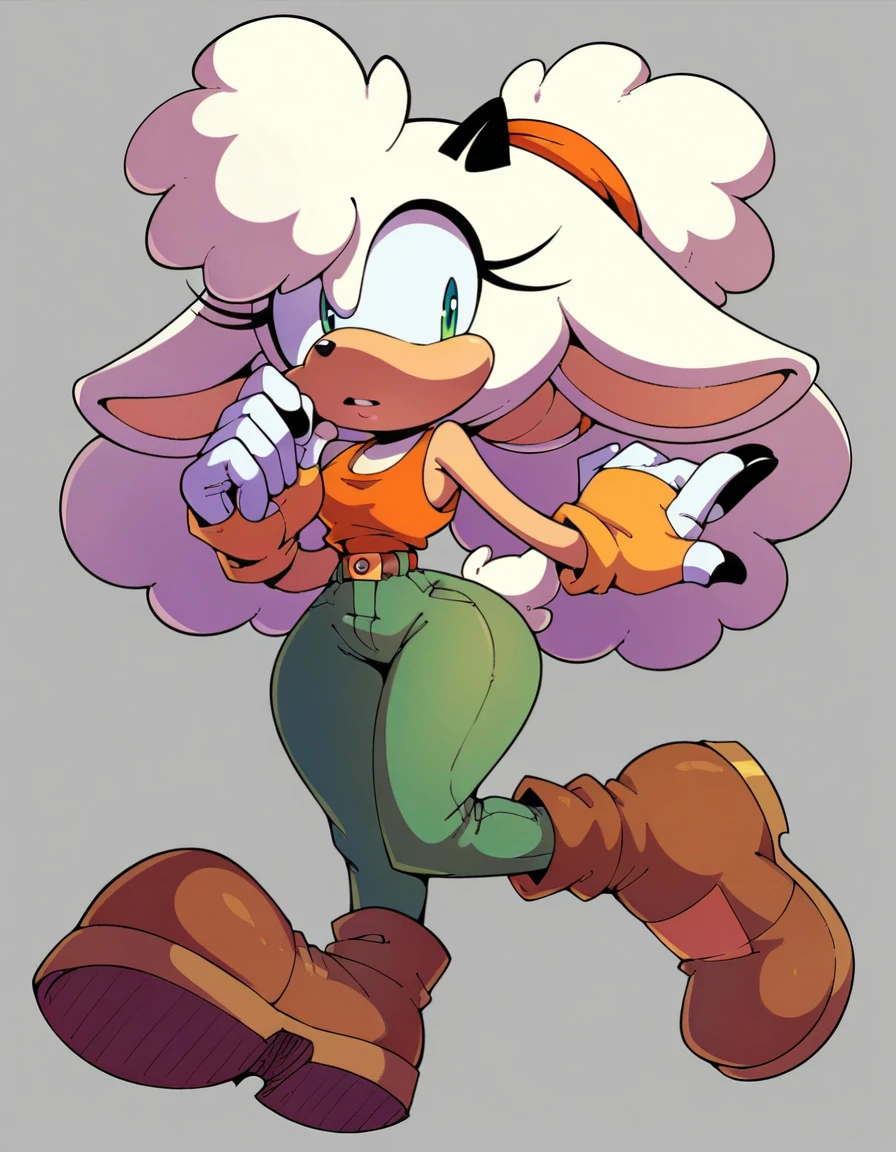 score_9, score_8_up, flat color, flat shading, 1girl, solo, lanolin the sheep, sonic (series), wide hips, narrow waist, orange tank top, green pants, brown boots , ass,