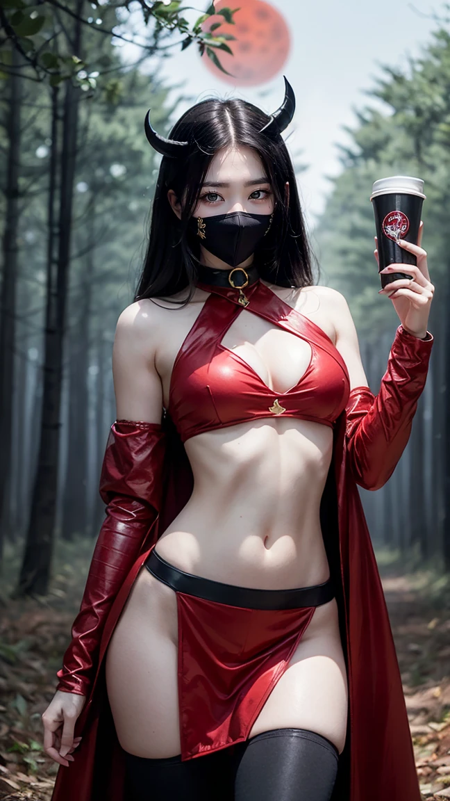 Create an image of Diana in her Blood Moon skin from League of Legends by Riot Games,no having clothes, dressed in a red and black demonic outfit with a sinister mask, holding a blood-red crescent blade, in a haunted, blood moonlit forest, have massive k-cups.