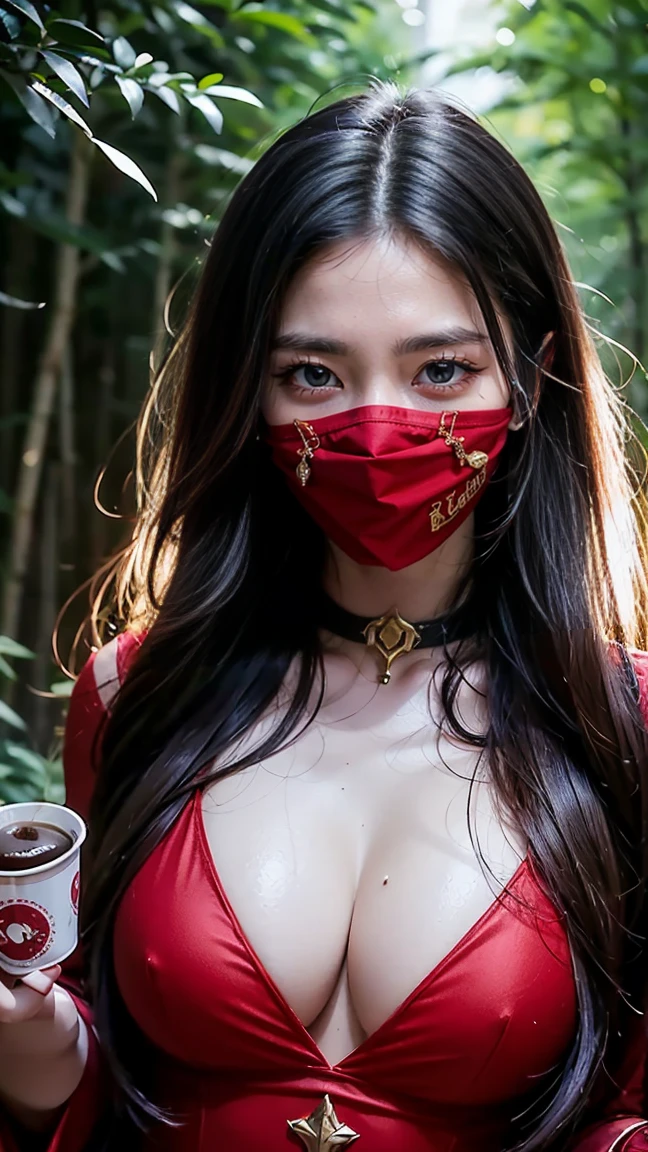 Create an image of Diana in her Blood Moon skin from League of Legends by Riot Games,no having clothes, dressed in a red and black demonic outfit with a sinister mask, holding a blood-red crescent blade, in a haunted, blood moonlit forest, have massive k-cups.