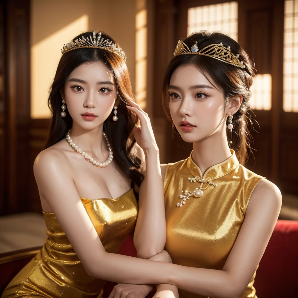 a beautiful woman in a traditional chinese cheongsam dress, delicate makeup, Ye Wen, 2 3 years old, round face, cute features, gold tiara, pearl necklace, jade hairpin, (best quality,4k,8k,highres,masterpiece:1.2),ultra-detailed,(realistic,photorealistic,photo-realistic:1.37),highly detailed face and eyes, intricate dress patterns, warm lighting, vibrant colors, cinematic composition