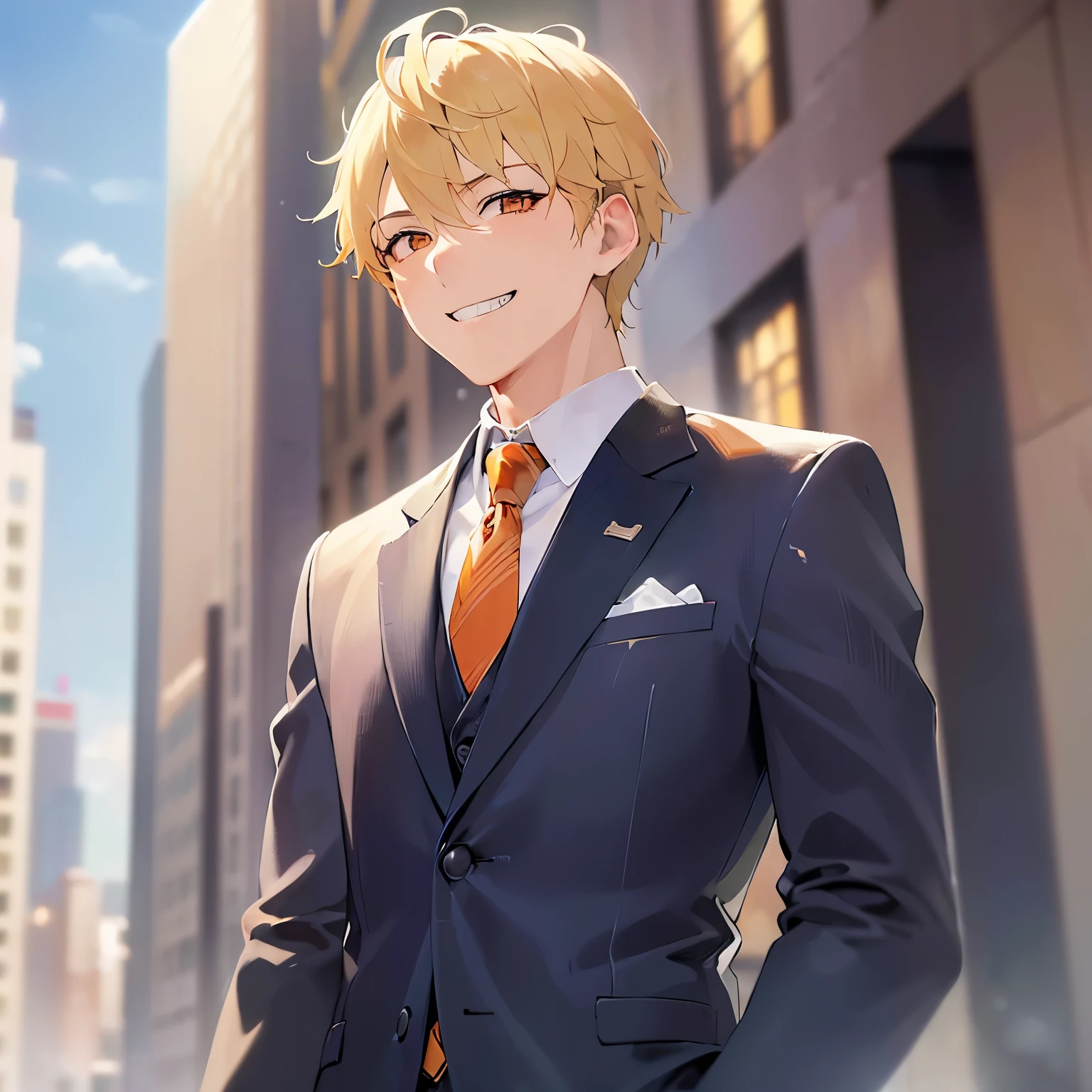 upper body、shiny skin、masterpiece、Highest quality、BREAK (25-year-old male:1.5) and (Blonde short hair) and (Orange eyes), (Wearing a suit:1.3) and (tie) BREAK 立っている、(grin:1.5)、The background is a city of buildings、(alone:1.5)、Upper body is shown、