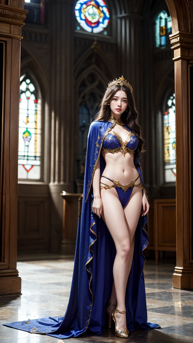 Illustrate Diana in her Battle Queen skin from League of Legends by Riot Games, adorned in majestic,no having clothes, regal armor with intricate designs and a flowing cape, standing in a grand, opulent throne room with stained glass windows, have massive k-cups.
