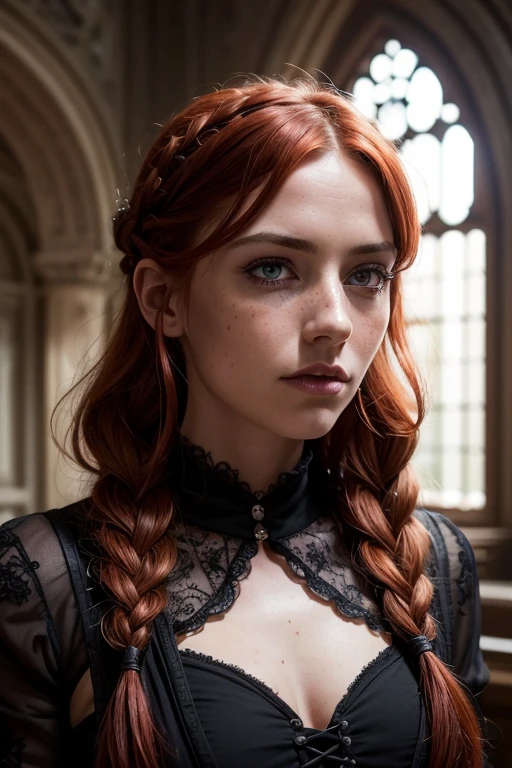 romantic gothic steampunk style, masterpiece, full color photo, Best quality, 8 K, ArtStation, Sharp Focus, ultra-realistic, high detail, RAW photo, long bright red hair, single braid , freckles, lace, opening body, amazing body, pronounced feminine feature, (redhead:0.4), (photorealistic:1.3), (top quality:1.3), (granularity:1.3),  (detailed information:1.3), (cinematic light:1.3), ( Cinematic color:1.3), MAXIMUM CAVITY DEPTH, film photography, ( complex parts:1), (hyper-detailed:1), (((sfw))) Looking at the camera, I&#39;m standing on an old street, 1800s Gothic Steampunk, golden hour, Light in her eyes, glamorous face, full body view,  ((Big breasts)),beautiful european women, green eyes, Sexy dress,